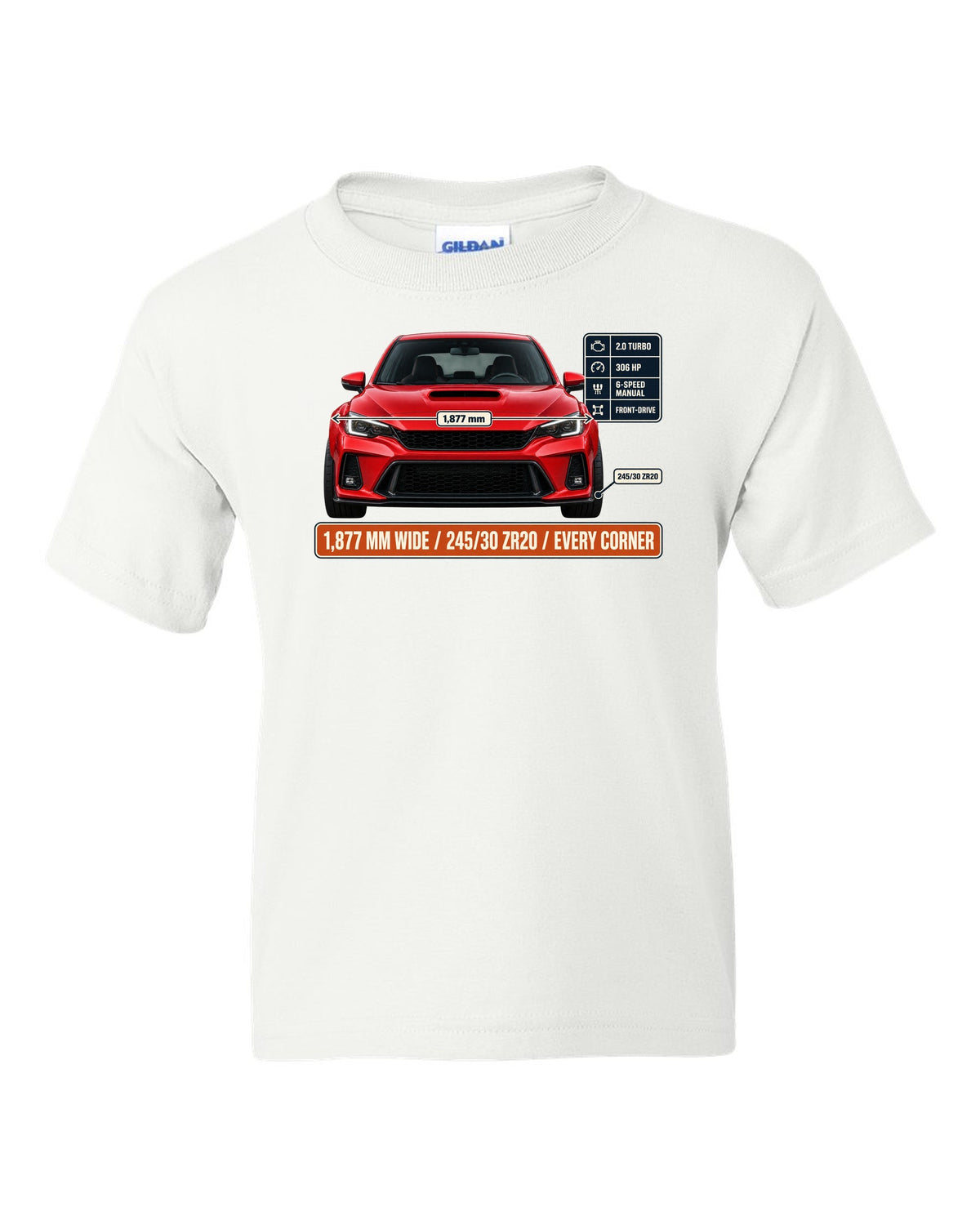 Front elevation of a Rallye Red Honda Civic Type R FK8 on a spec poster print white kids tee front view with the design