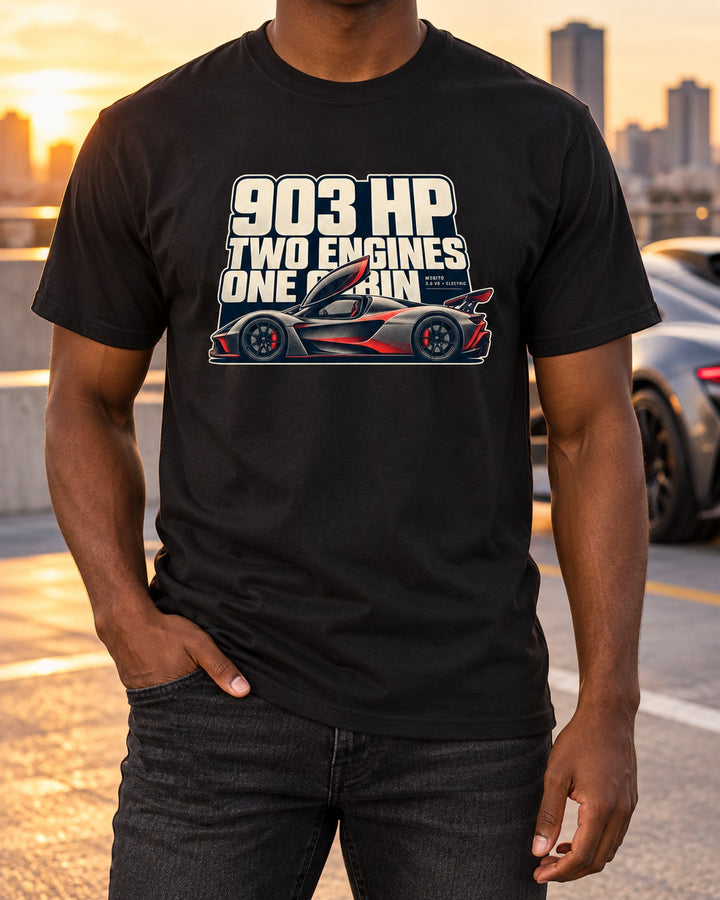 McLaren P1 Halftone Statement Shirt, 903 HP Car Guy Tee T-Shirt Black worn hero