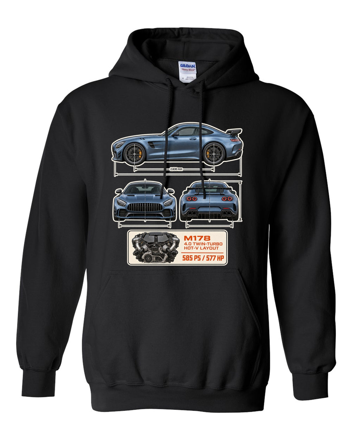 Mercedes-AMG GT R C190 dimension blueprint print black pull over hoodie front view with the design