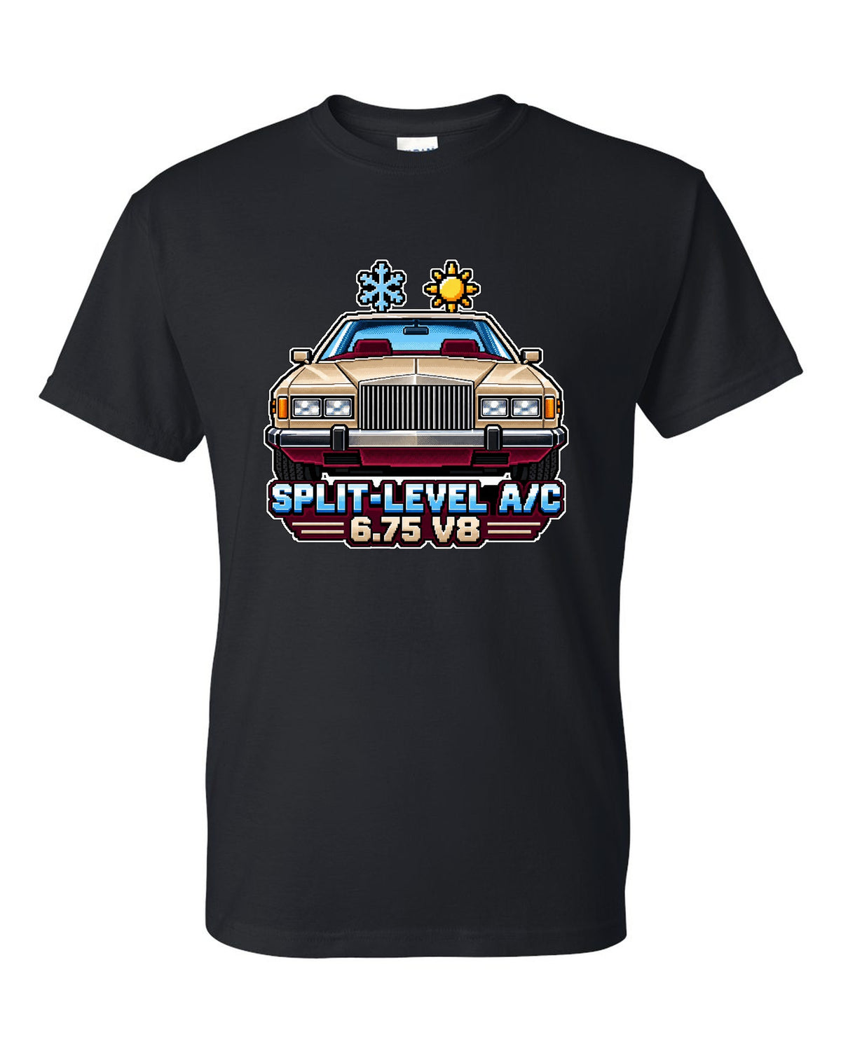 16-bit pixel art print of a 1975 Rolls-Royce Camargue with split-level A/C and 6.75 V8 lettering black t-shirt front view with the design