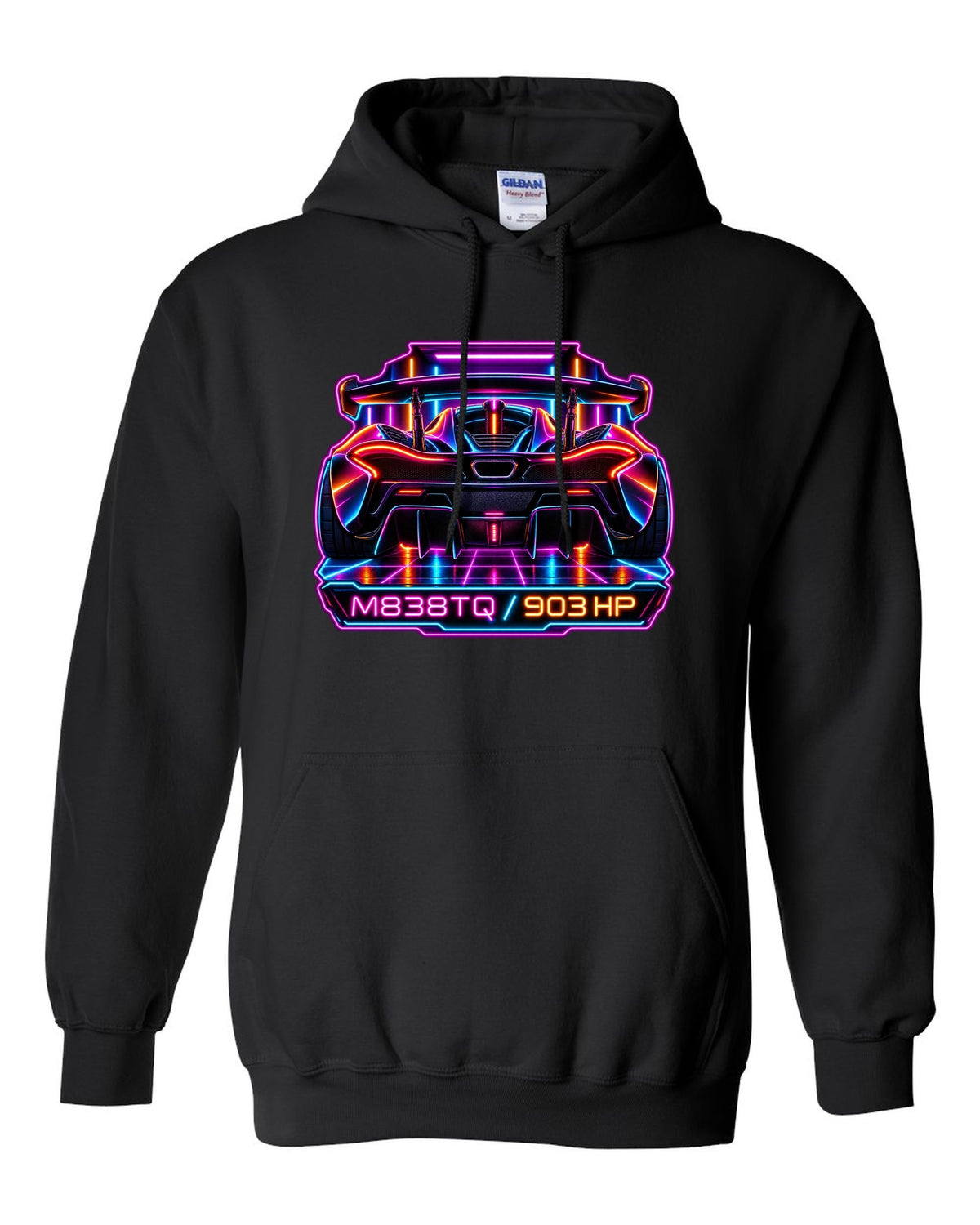Synthwave neon print of the McLaren P1 with M838TQ and 903 HP lettering black pull over hoodie front view with the design