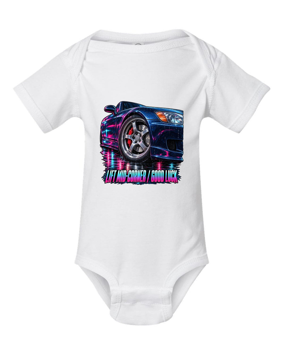 Cinematic macro painting print of a Honda S2000 AP1 cornering with lift mid-corner good luck text white baby onesie front view with the design