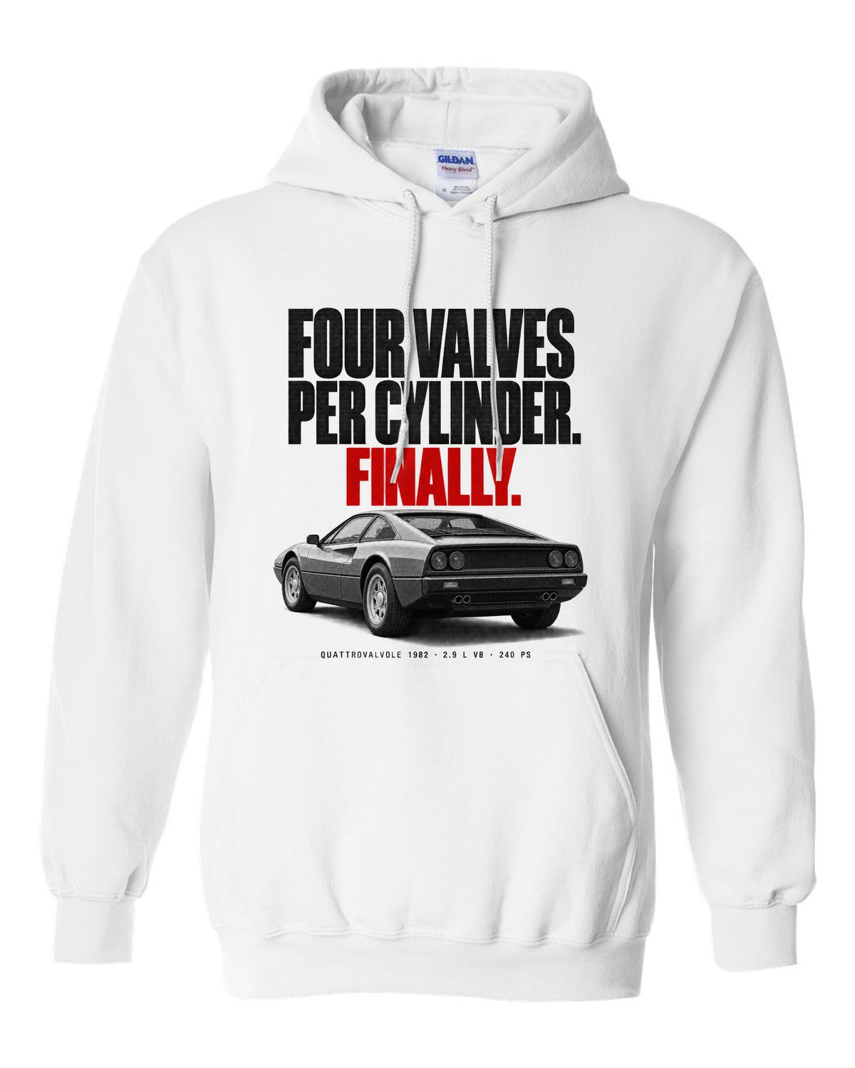 Ferrari 308 GTB Quattrovalvole 1982 rear three-quarter halftone print, four valves per cylinder white pull over hoodie front view with the design