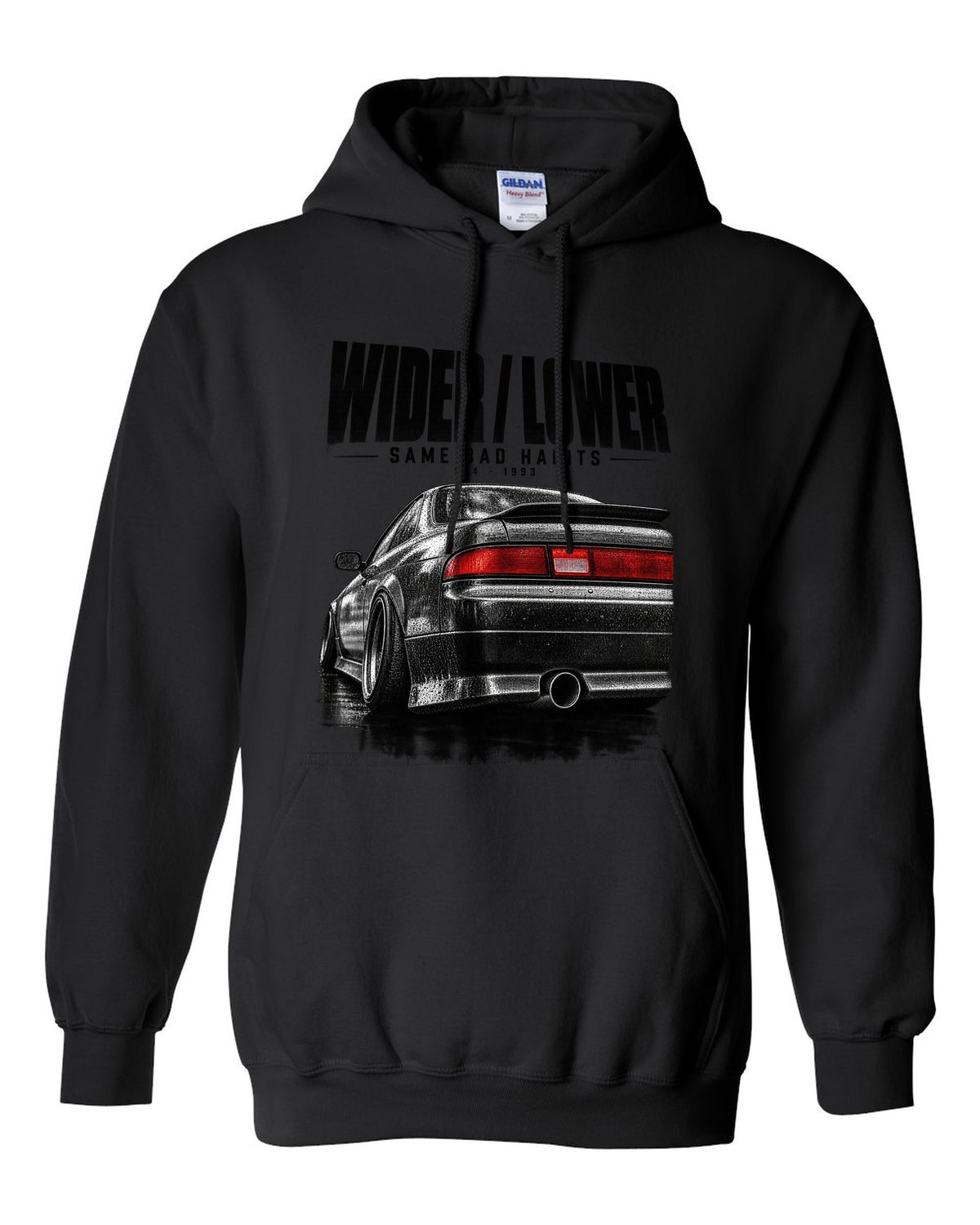 Close-up macro of a Nissan Silvia S14 zenki taillight with wider, lower, same bad habits lettering black pull over hoodie front view with the design