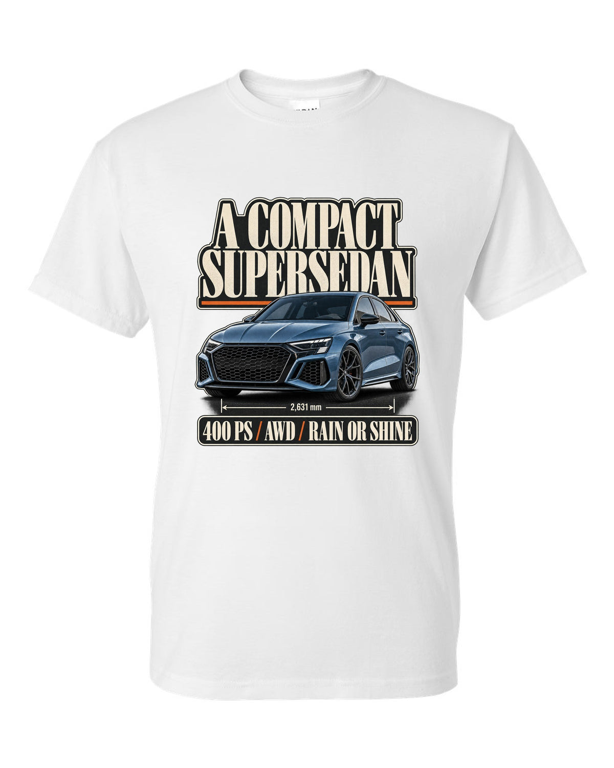 Editorial headline layout for the Audi RS3 8Y sedan, steel blue white t-shirt front view with the design