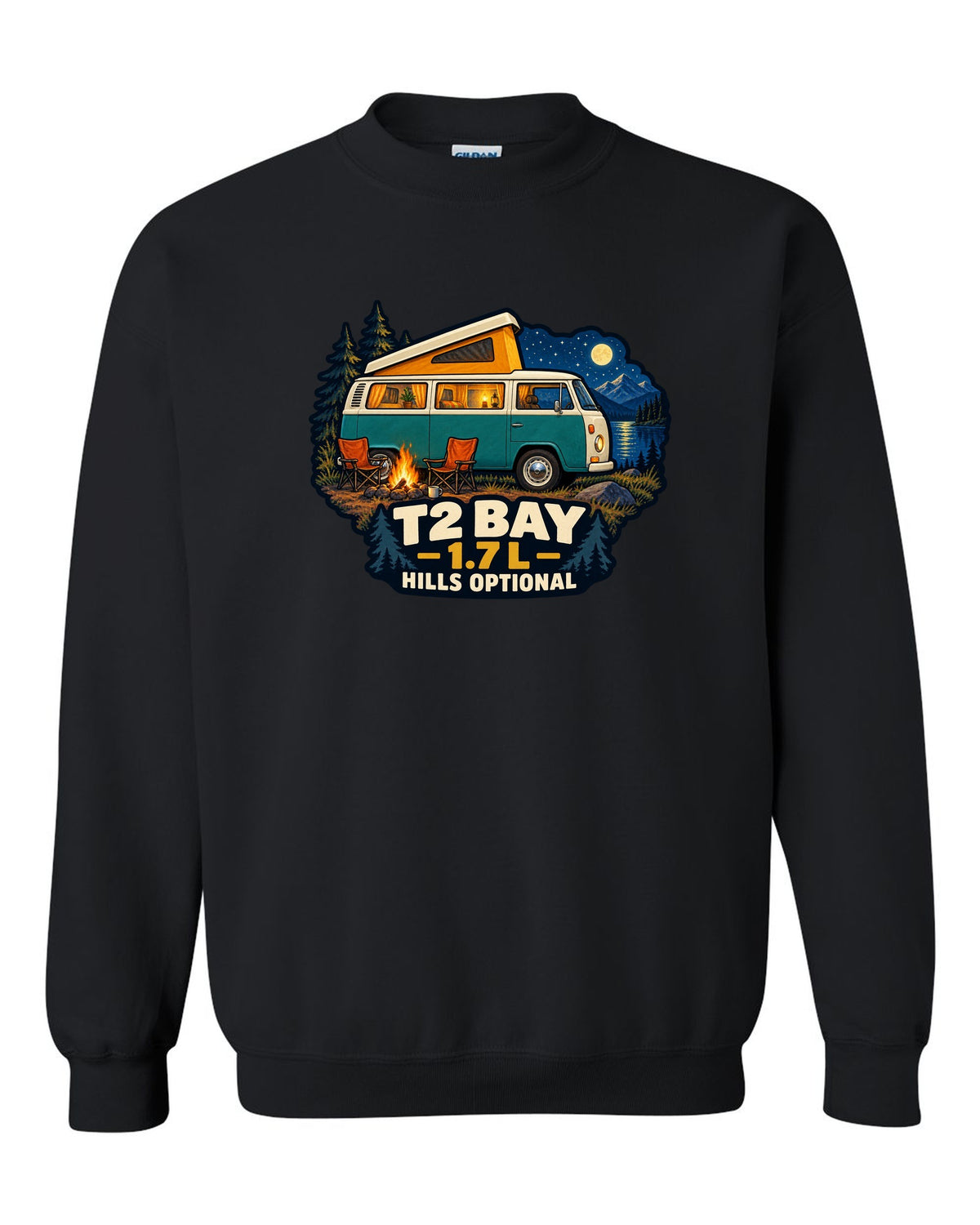 1972 VW Bus T2 Bay Window at a night camp painted in gouache black crewneck front view with the design