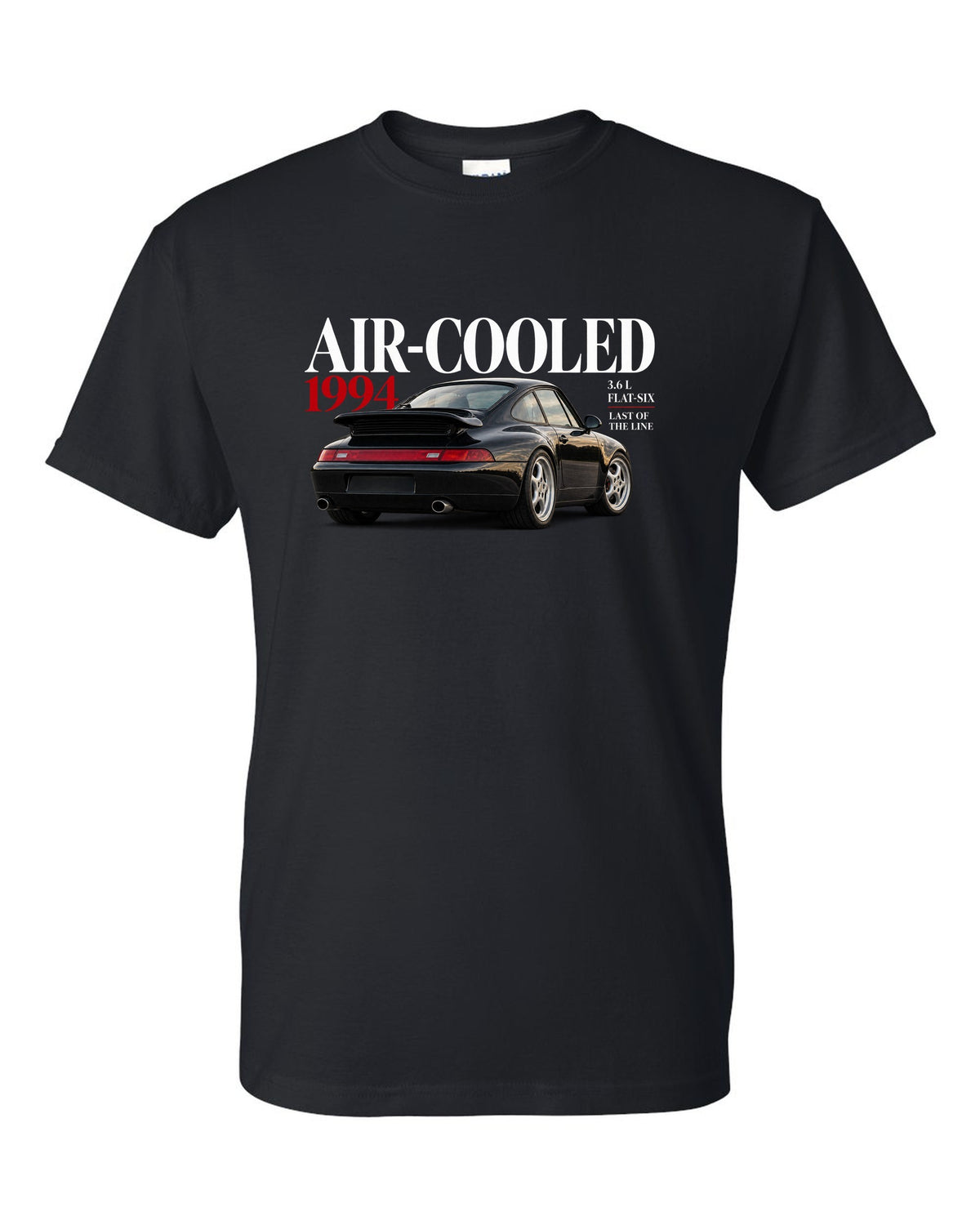 Editorial print of a Porsche 911 993 Carrera coupe with Air-Cooled 1994 3.6 L flat-six lettering black t-shirt front view with the design