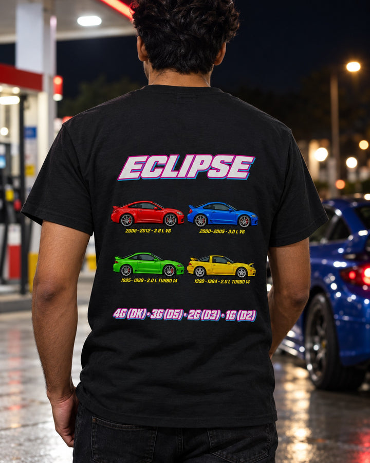 Mitsubishi Eclipse Evolution Poster Full-Back Graphic Tee T-Shirt Black worn hero