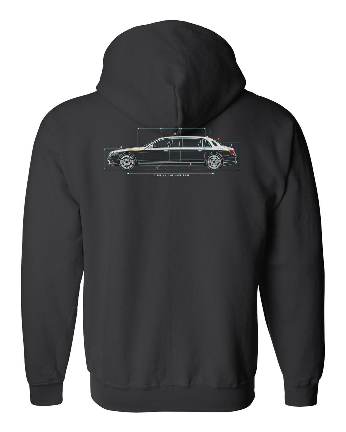 Maybach 62 S W240 Limousine Side Blueprint Tee black zip hoodie back view with the design