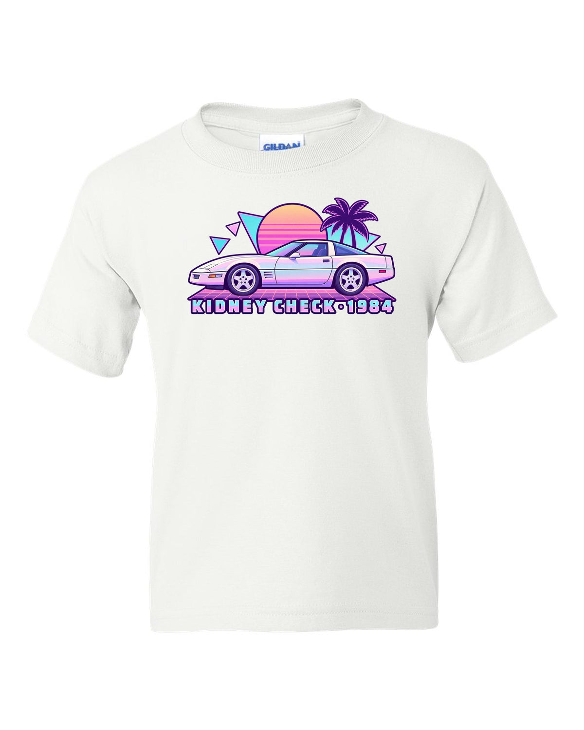 Pastel vaporwave print of a 1984 Chevrolet Corvette C4 coupe with Kidney Check text white kids tee front view with the design
