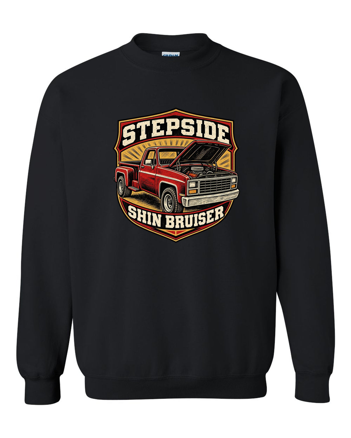 Linocut woodcut print of a 1973-87 Chevrolet C10 Squarebody Stepside with hood up and shin bruiser text black crewneck front view with the design
