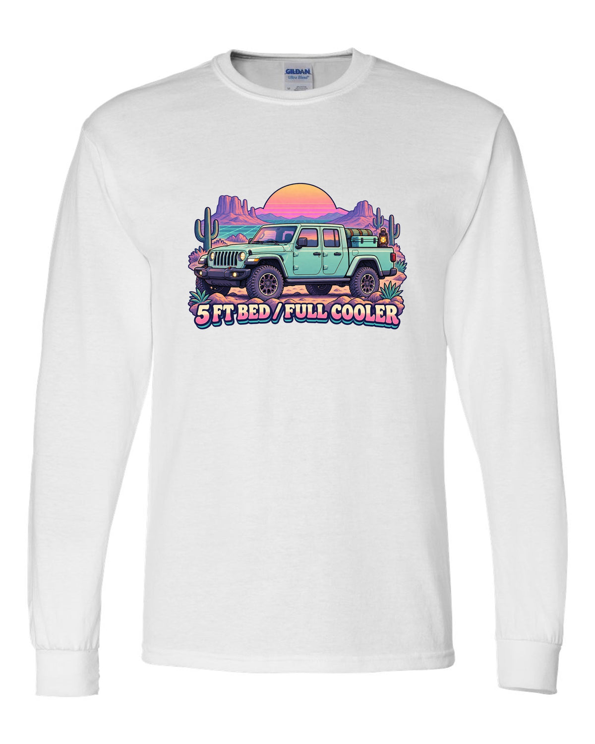 Vaporwave pastel print of a Jeep Gladiator JT in a desert camp with cooler text white long sleeve front view with the design