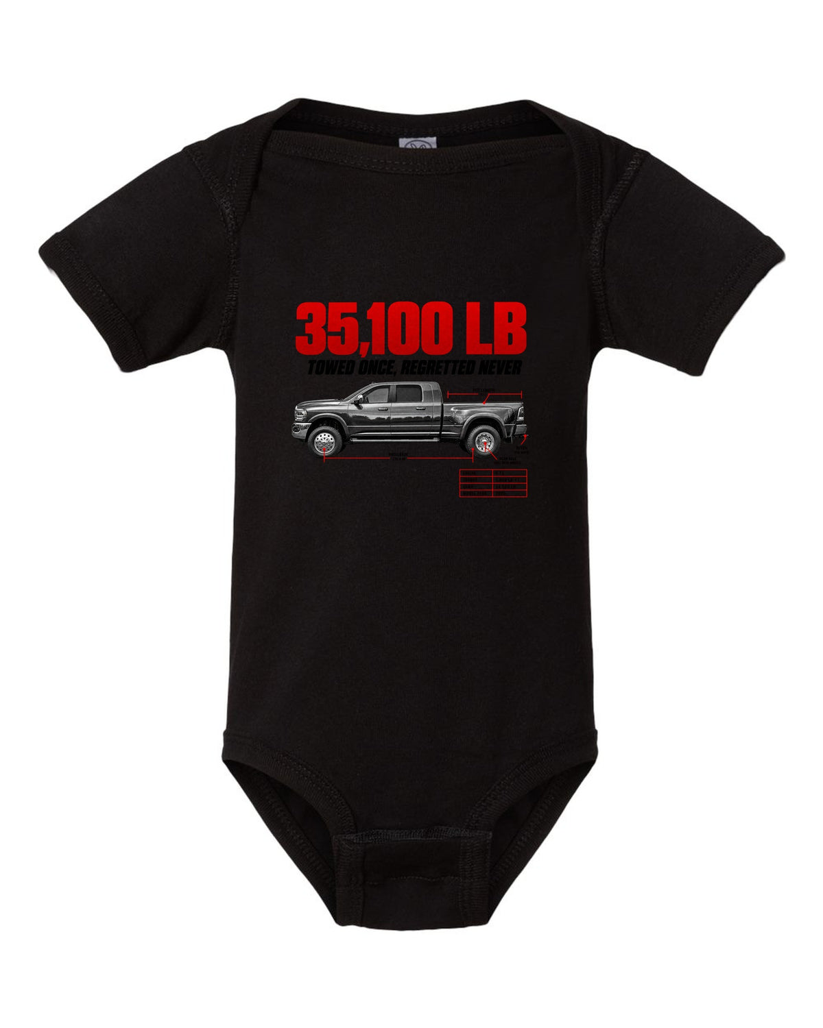 Ram 3500 5th Gen Side Profile Spec Poster Tee, 35,100 Lb black baby onesie front view with the design