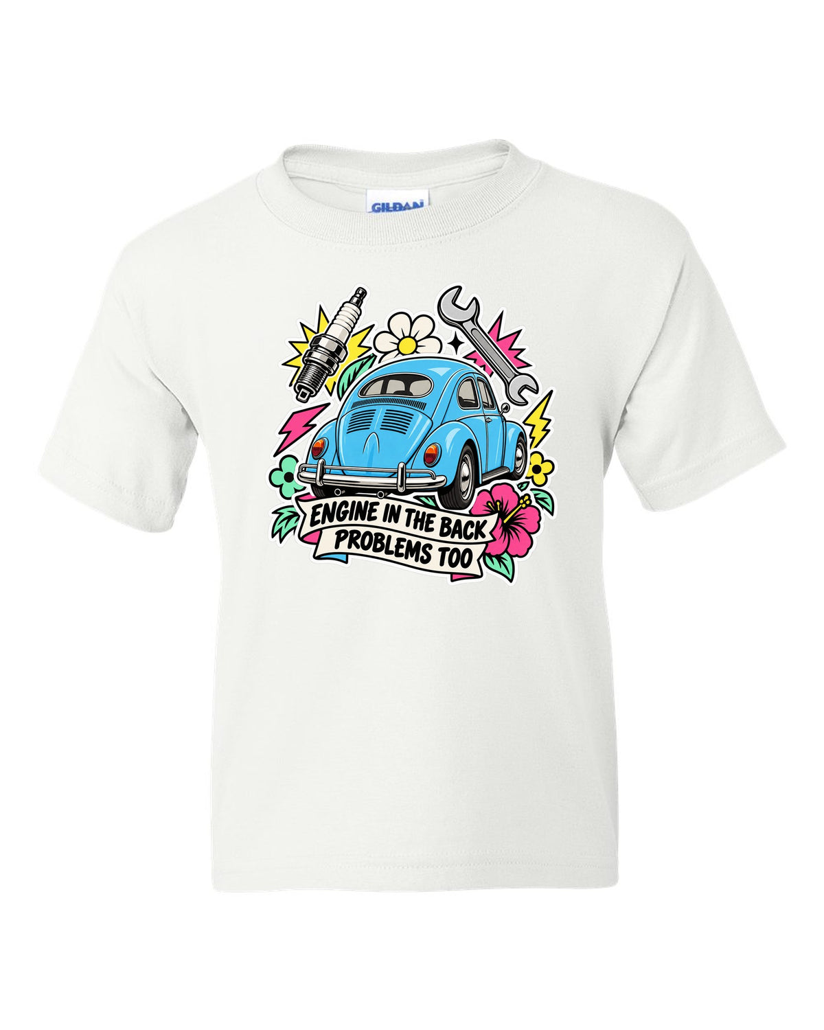 Sticker-bomb collage of a VW Beetle Type 1 with engine in the back lettering white kids tee front view with the design