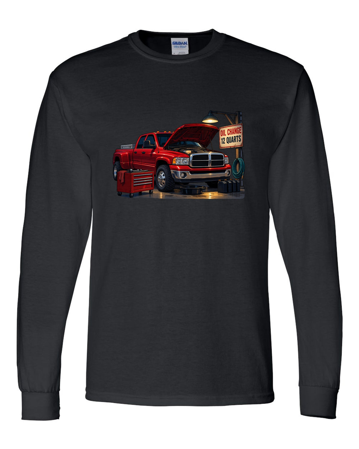 Cel-shaded anime night garage print of a red 2003-2009 Dodge Ram 3rd gen diesel with oil change text black long sleeve front view with the design