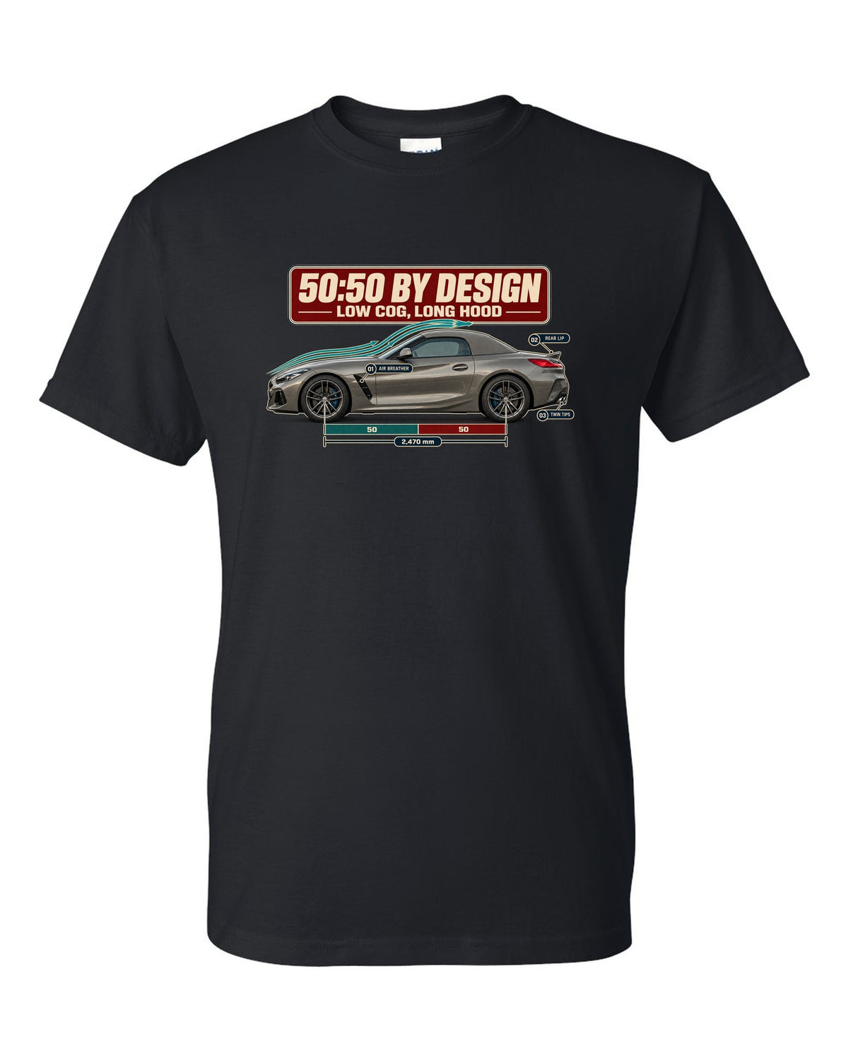 Aero cutaway callout print of the BMW Z4 G29 with 50:50 and long hood notes black t-shirt front view with the design