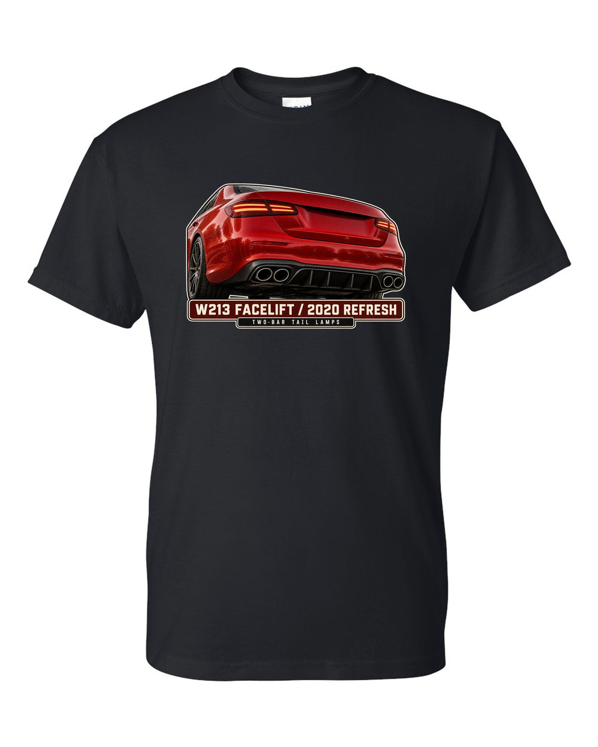 Tail lamp macro print of a red-orange Mercedes-AMG E63 S W213 facelift black t-shirt front view with the design