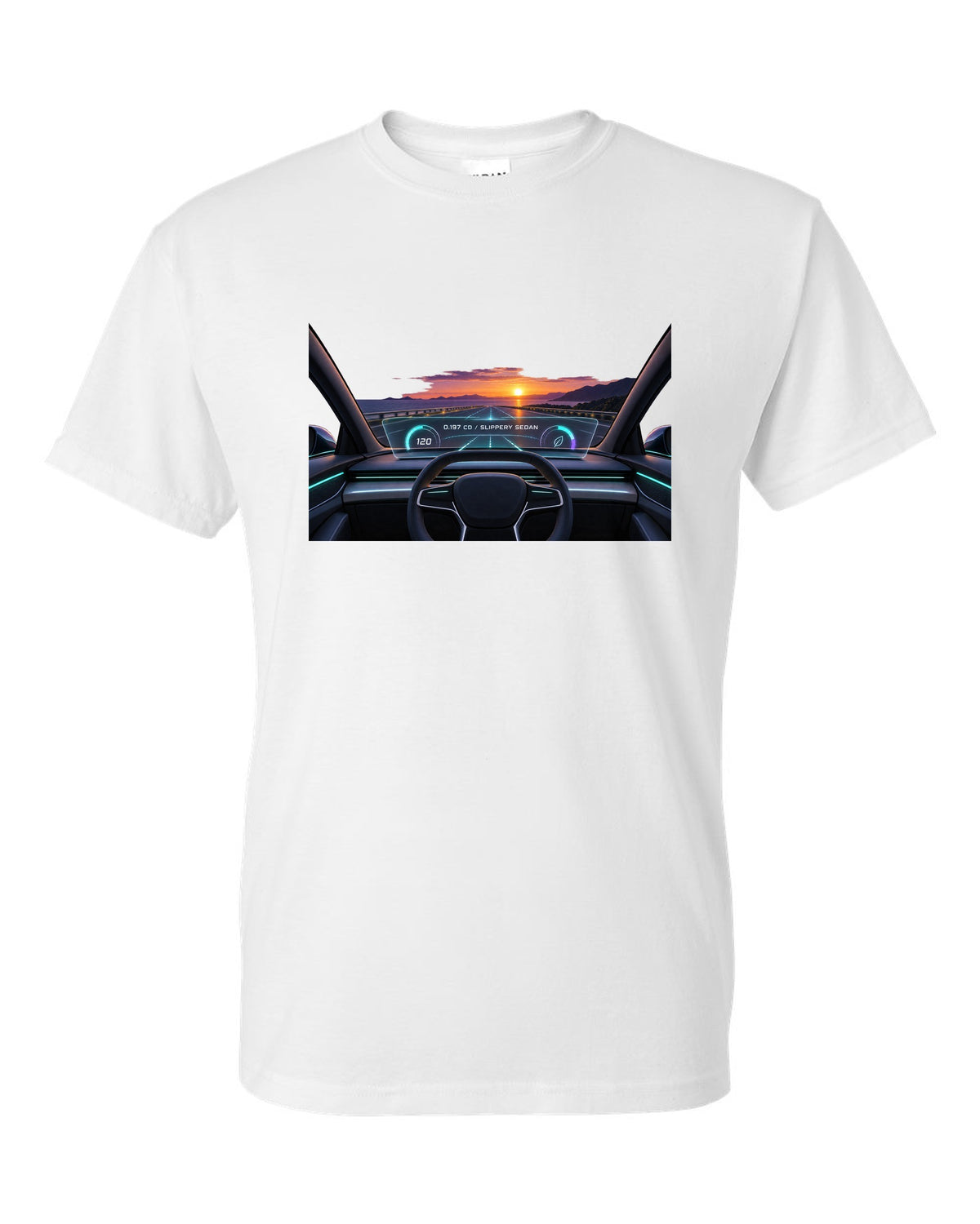 Lucid Air Sapphire gauge cluster HUD print with the text 0.197 Cd slippery sedan white t-shirt front view with the design