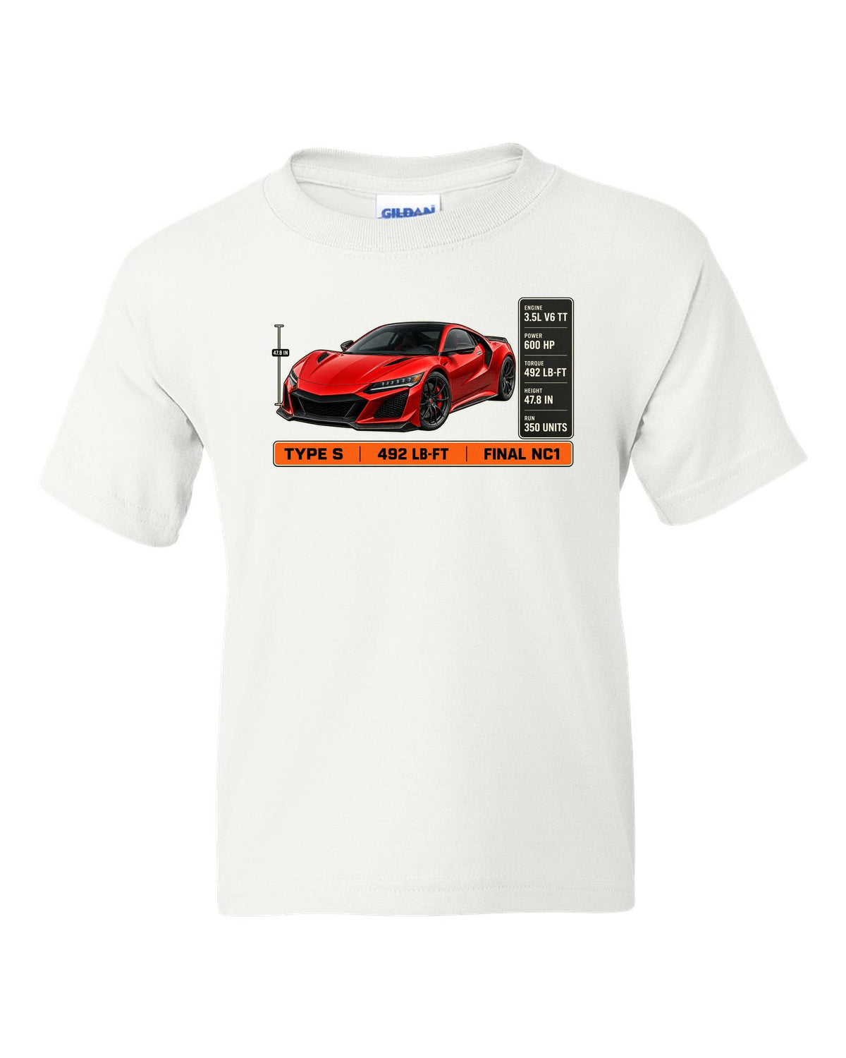 Spec poster print of a Curva Red Acura NSX NC1 Type S three-quarter white kids tee front view with the design