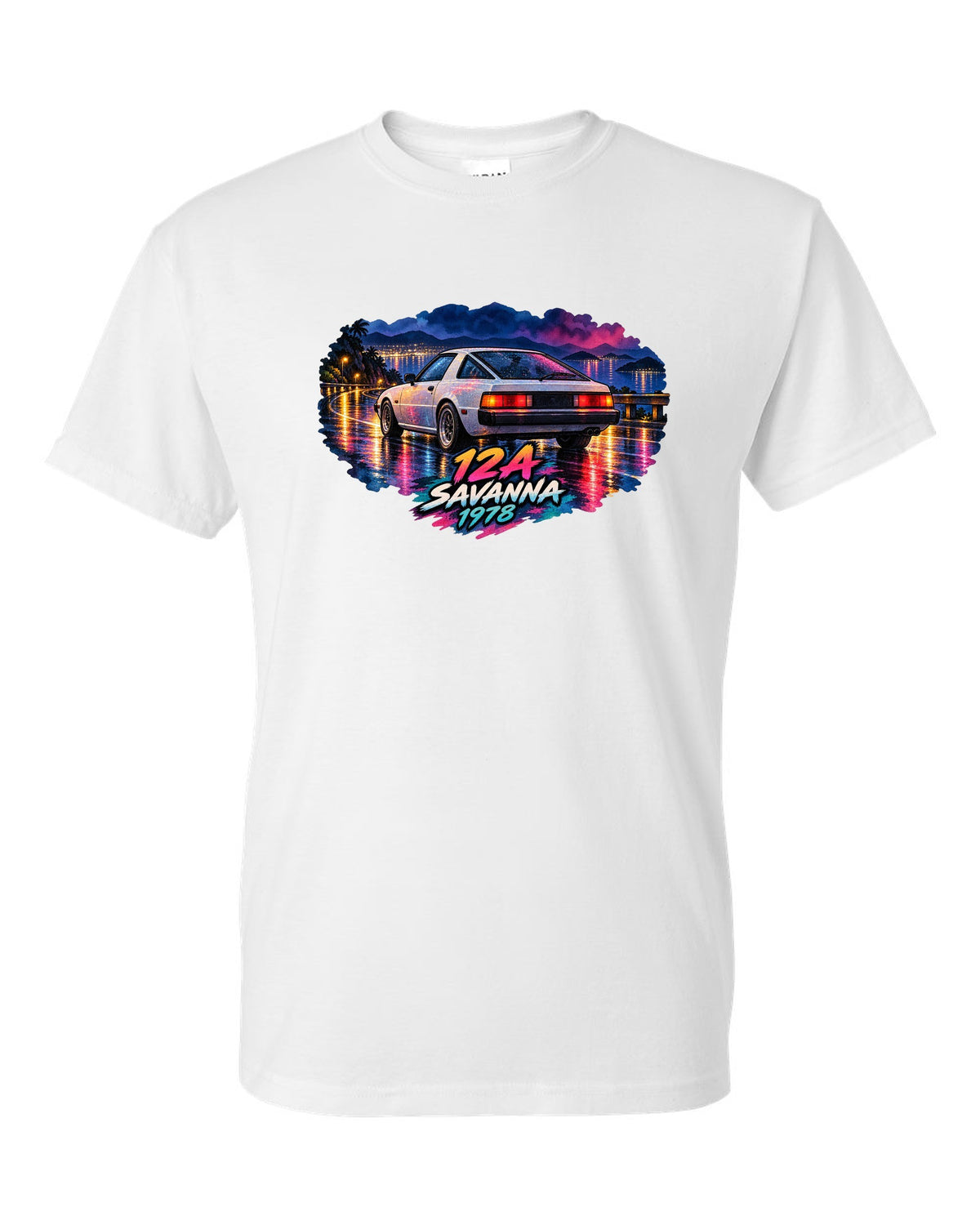 Watercolour wet road night print of a Mazda Savanna RX-7 SA22C with text 12A, Savanna, 1978 white t-shirt front view with the design