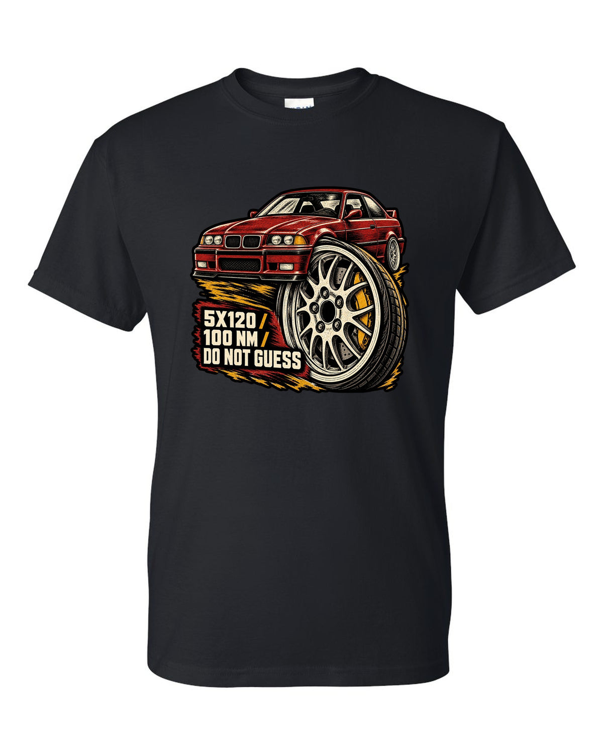 Linocut woodcut lug nut design for a BMW E36 M3 coupe with 5x120 and 100 Nm text black t-shirt front view with the design