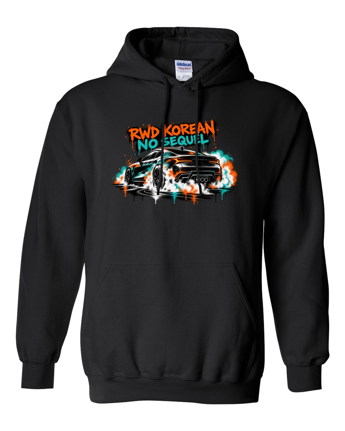 Hyundai Genesis Coupe BK2 stencil spray burnout print with RWD Korean no sequel text black pull over hoodie front view with the design