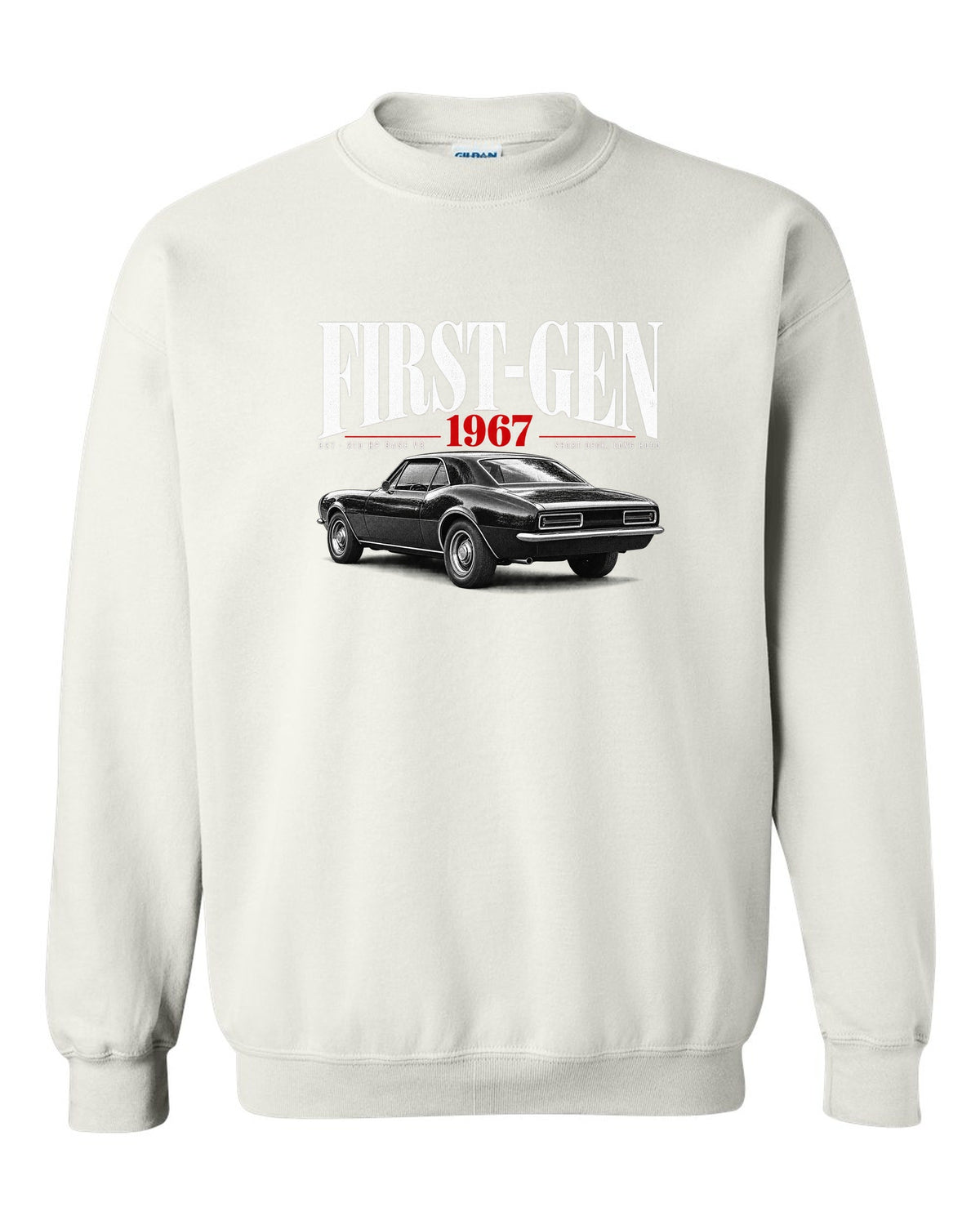 Editorial-style print of a 1967 Chevrolet Camaro RS with first-gen and 327 V8 caption white crewneck front view with the design