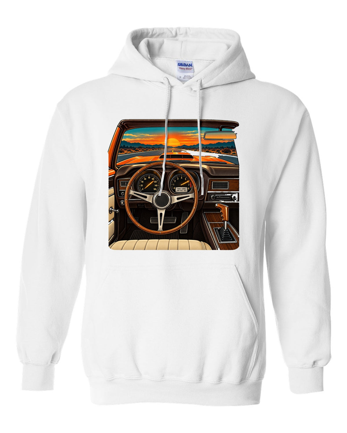 Retro dashboard illustration of a 1971 Dodge Charger Super Bee with six pack carb caption white pull over hoodie front view with the design