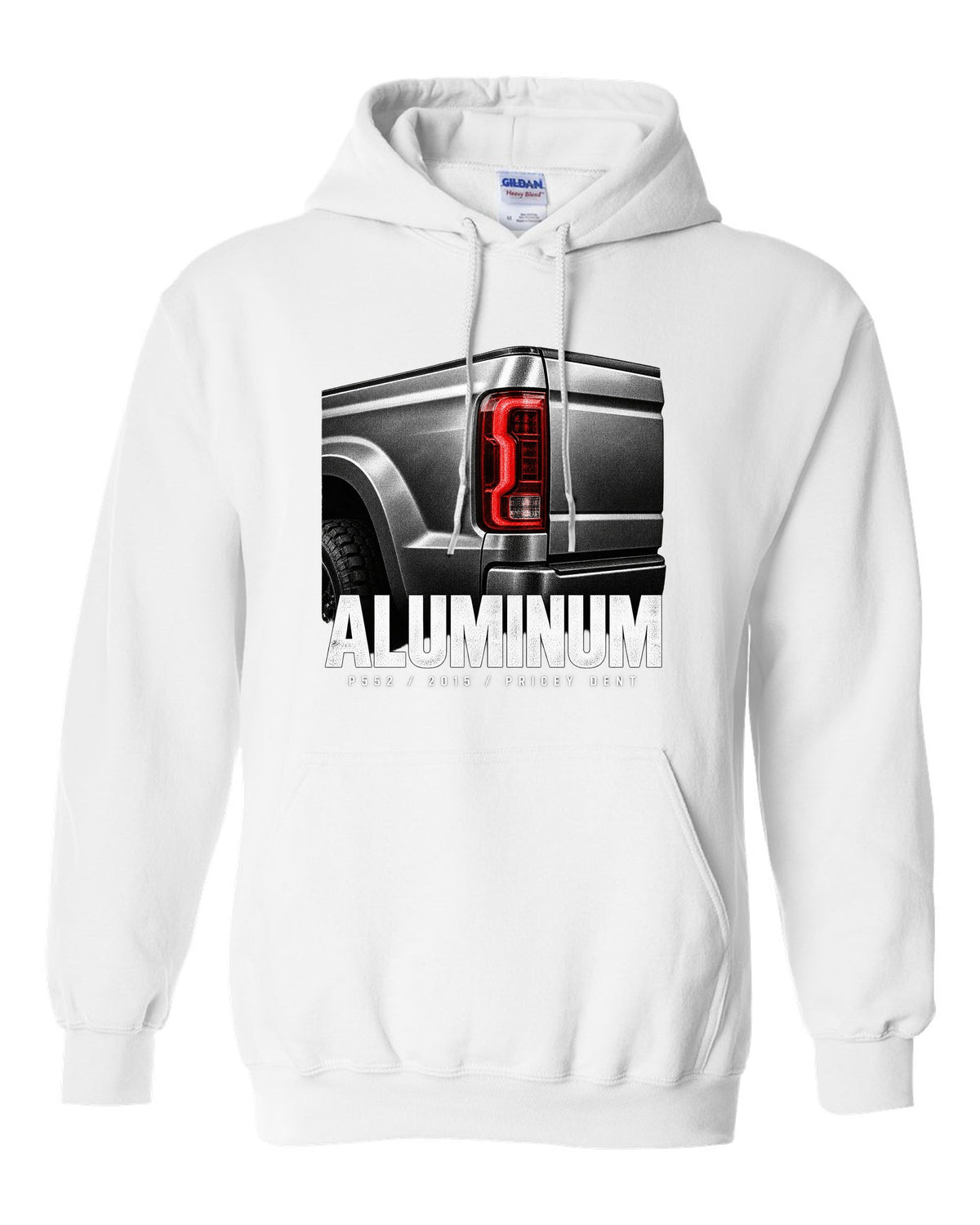 Macro print of a 2015-20 Ford F-150 P552 tailgate with aluminum and pricey dent text white pull over hoodie front view with the design