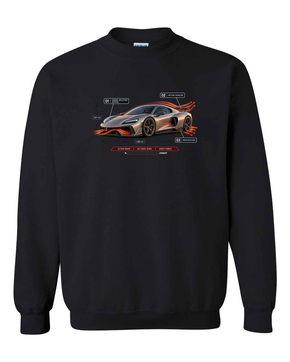 Ferrari 296 GTB aero callout print with active ramp and no fixed wing black crewneck front view with the design