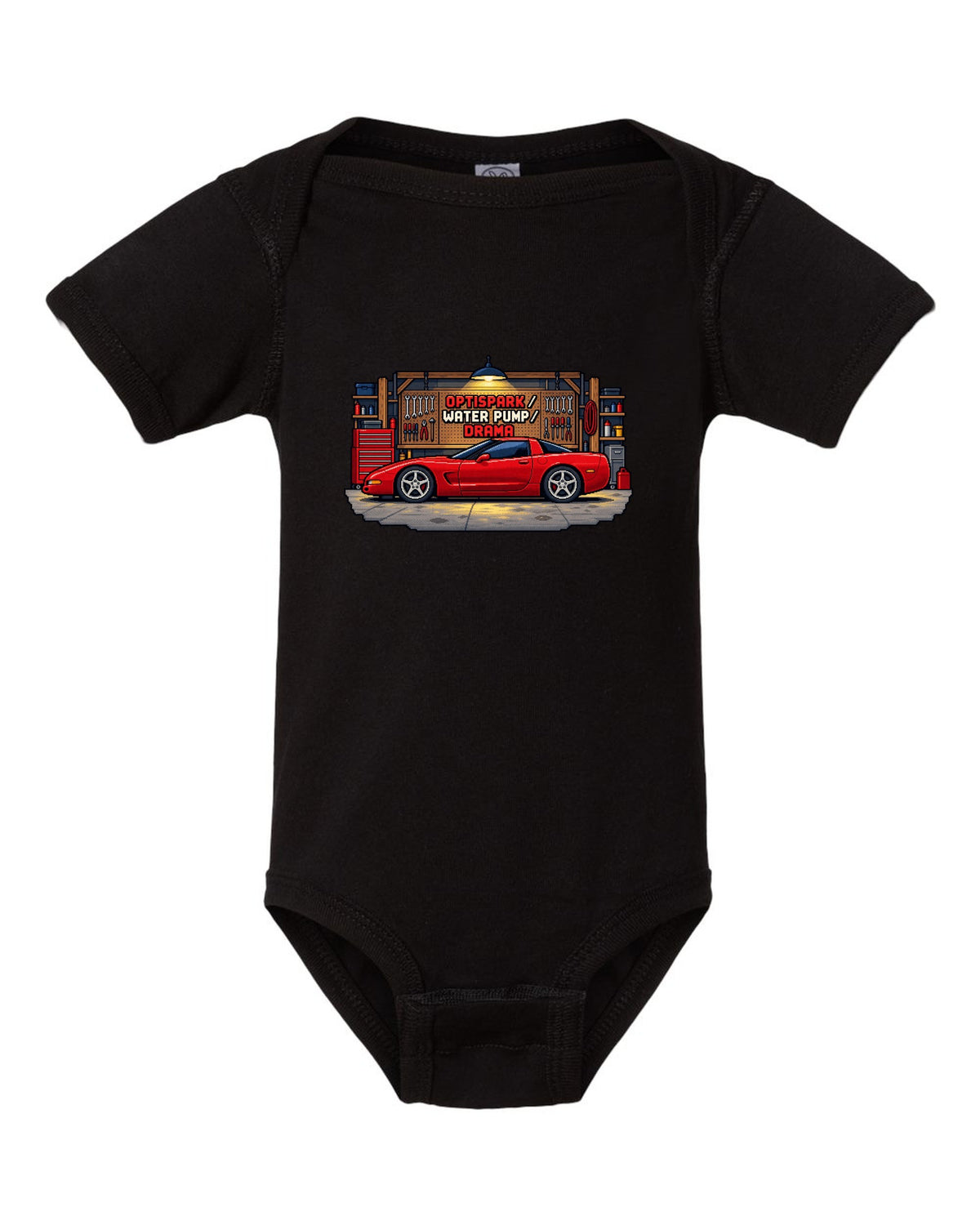Pixel art print of a 1997 Chevrolet Corvette C5 coupe with Optispark Water Pump Drama text black baby onesie front view with the design