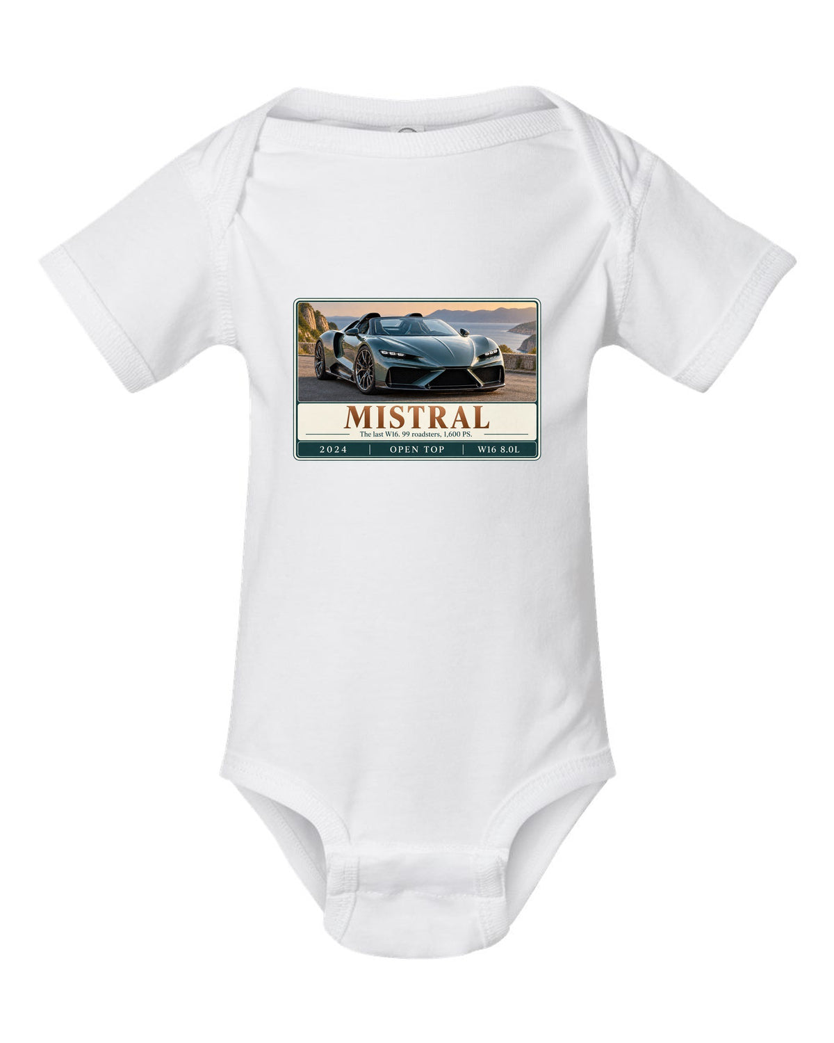 Bugatti Mistral roadster editorial headline print about the last W16 white baby onesie front view with the design