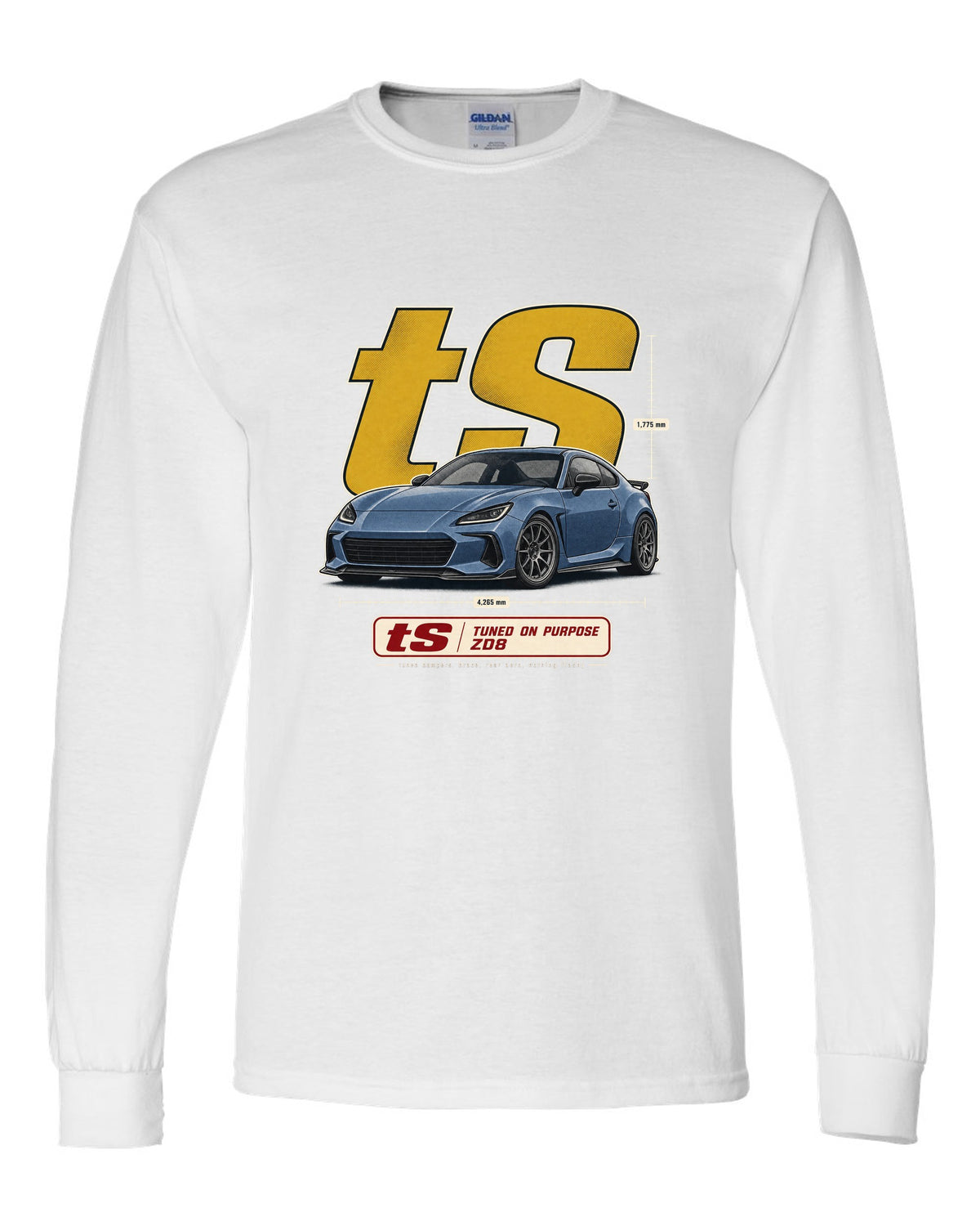 Halftone poster-style print of a Subaru BRZ tS ZD8 with tuning statement lettering white long sleeve front view with the design