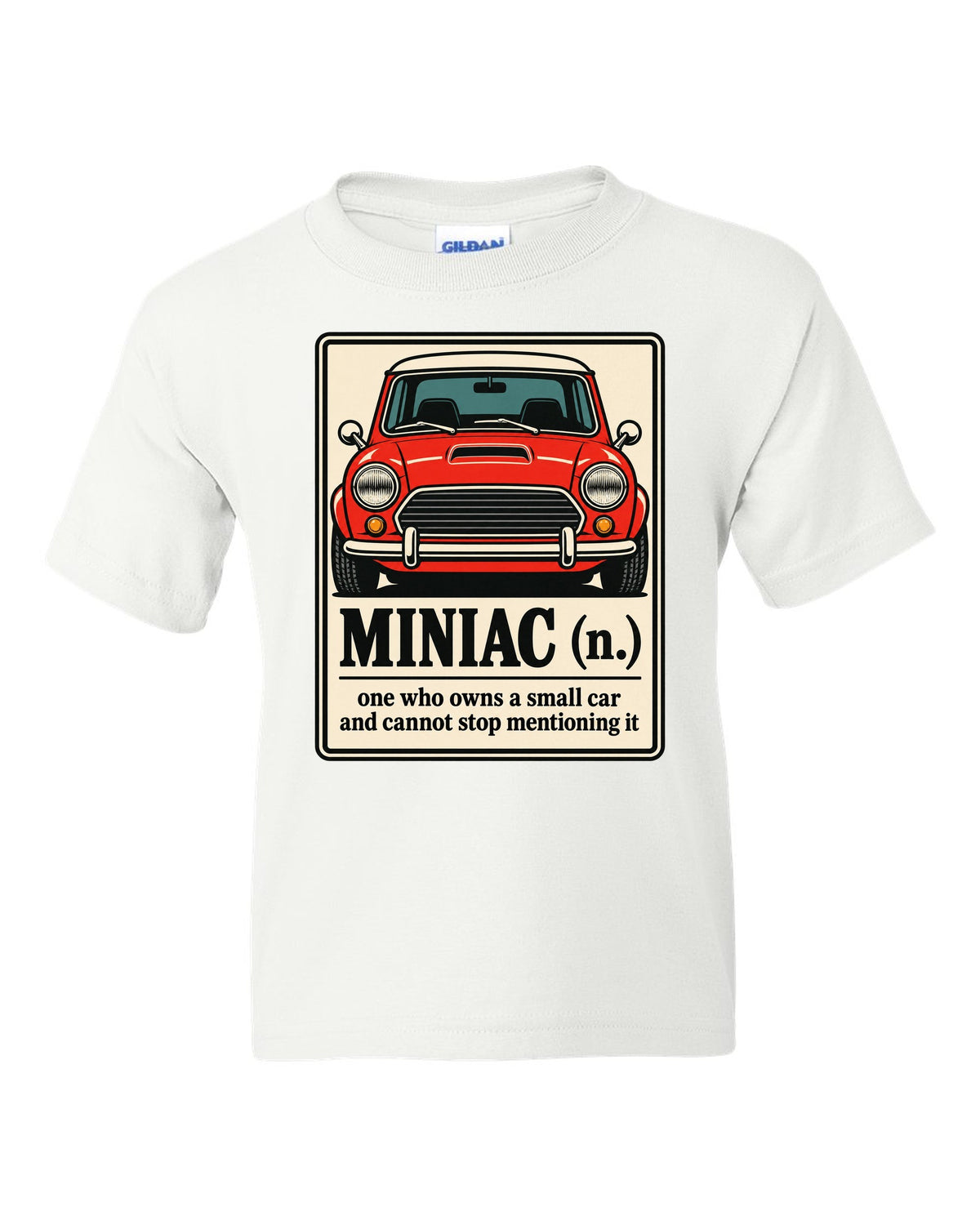 Dictionary definition card for Miniac on a Mini Cooper S R53 shirt white kids tee front view with the design