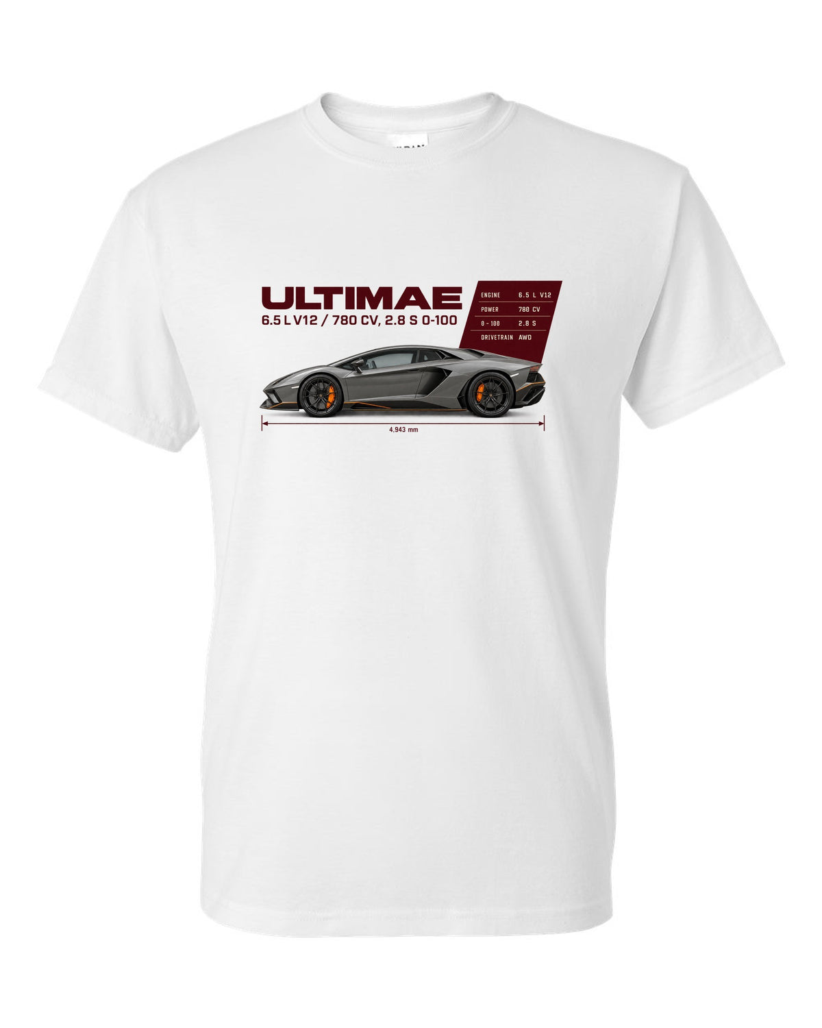 Spec poster print of the Lamborghini Aventador Ultimae with V12 figures white t-shirt front view with the design