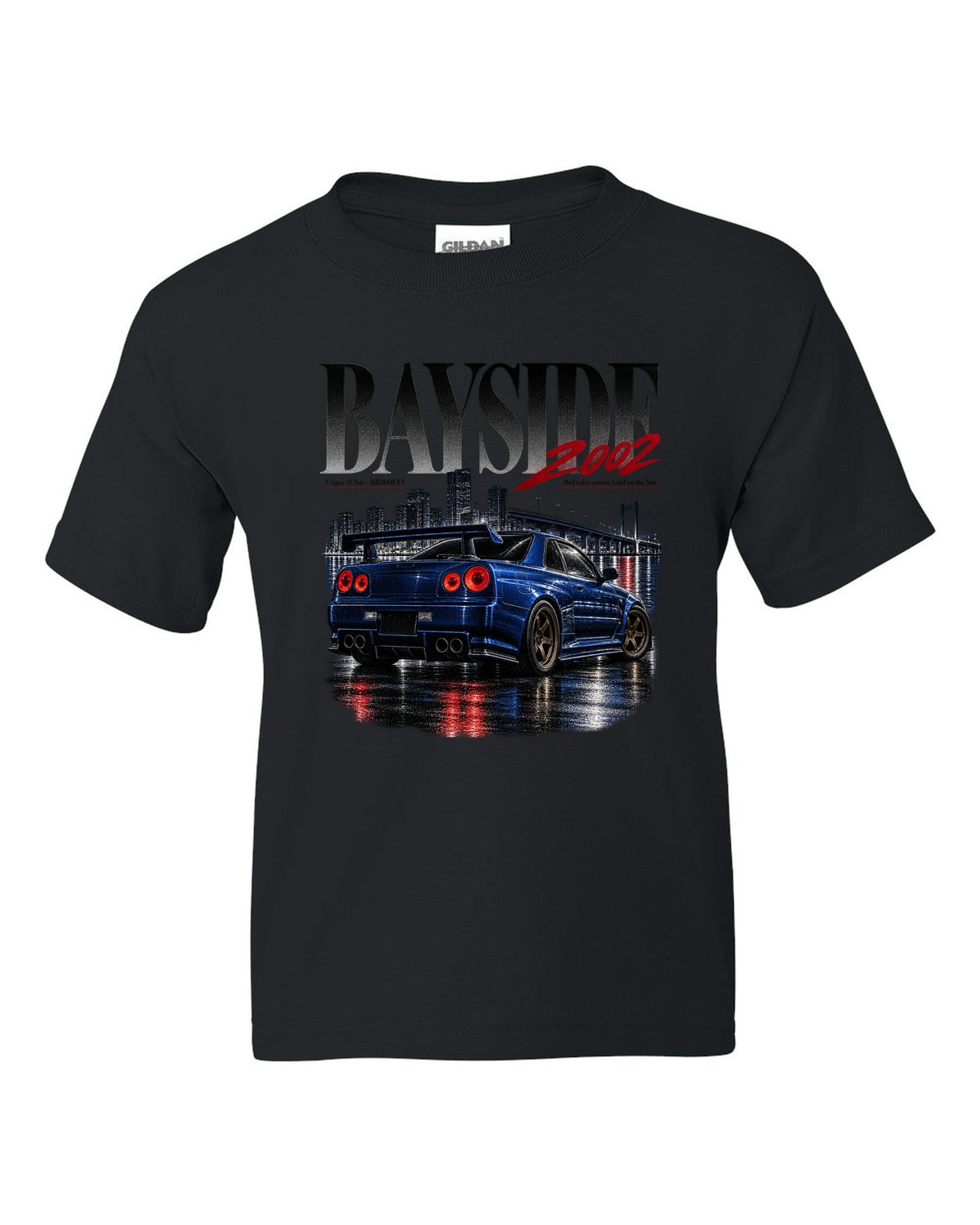 Editorial print of a Nissan Skyline GT-R R34 V-Spec II Nur rear with RB26DETT text black kids tee front view with the design