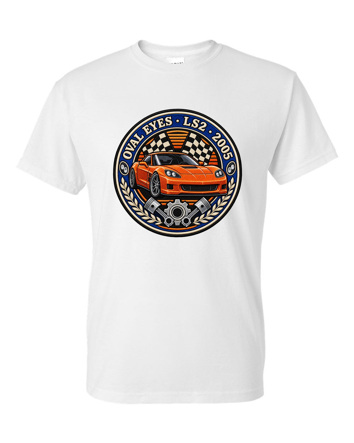 Varsity crest embroidery style print for a 2005 Chevrolet Corvette C6 coupe with Oval Eyes LS2 lettering white t-shirt front view with the design