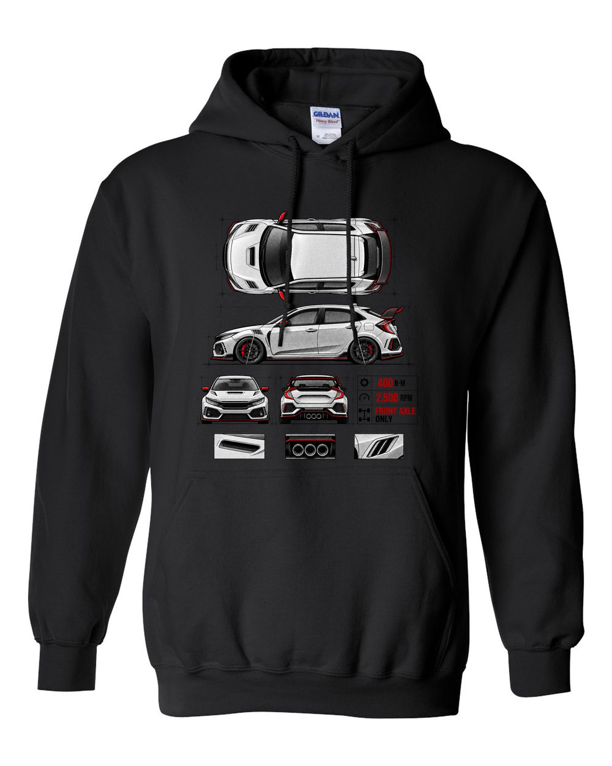 Spec poster print of a 2018 Honda Civic FK8 chback with torque figures black pull over hoodie front view with the design