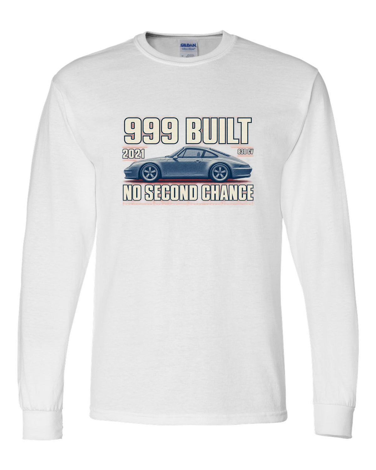 Ferrari 812 Competizione halftone print with 999 built, 2021 text white long sleeve front view with the design