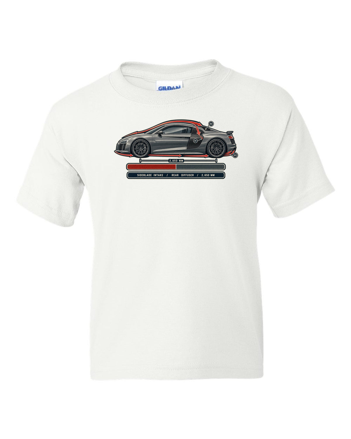 Audi R8 V10 plus Type 4S airflow cutaway with sideblade and diffuser callouts white kids tee front view with the design