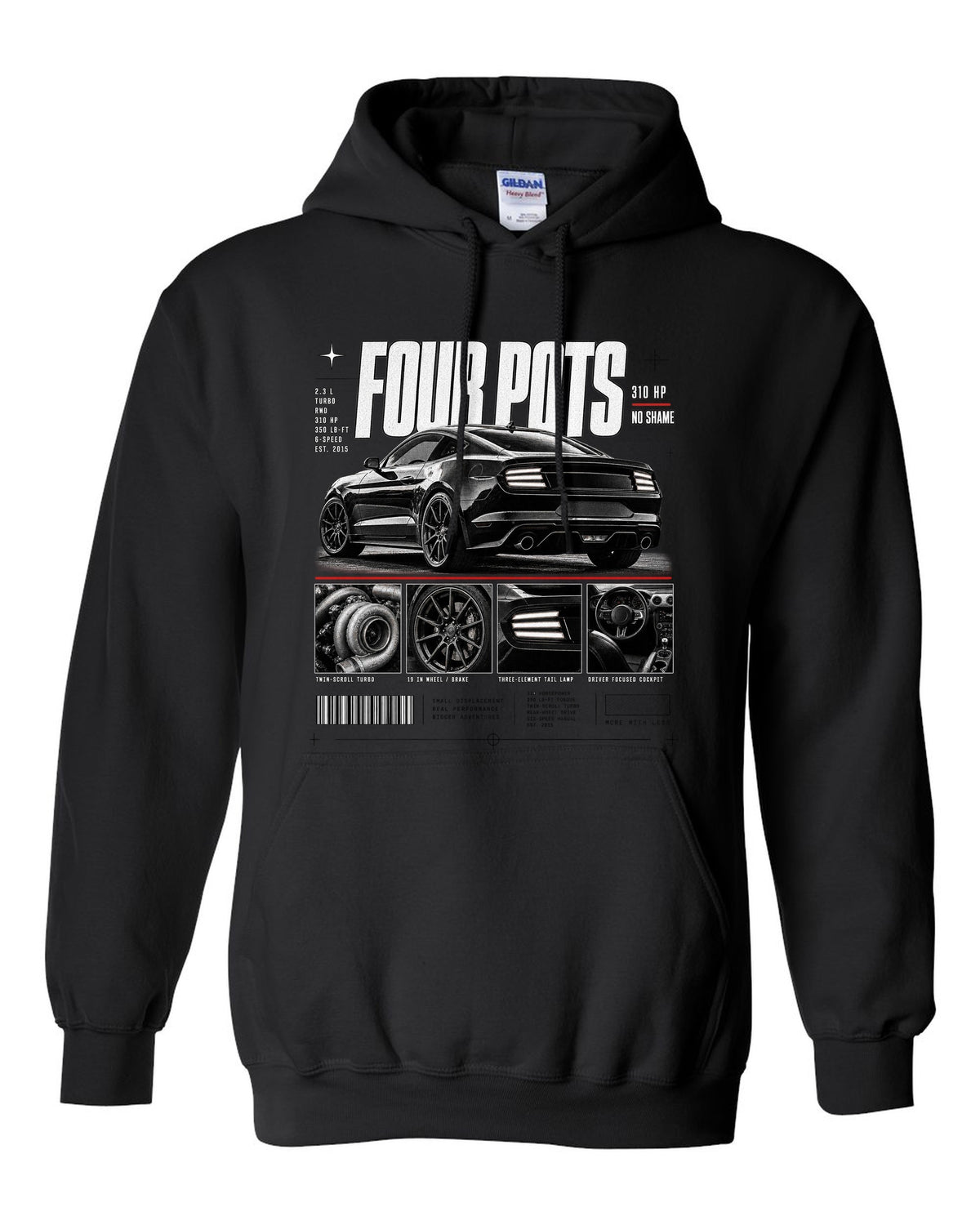 Dossier panel print of a 2015-17 Ford Mustang S550 EcoBoost fastback black pull over hoodie front view with the design