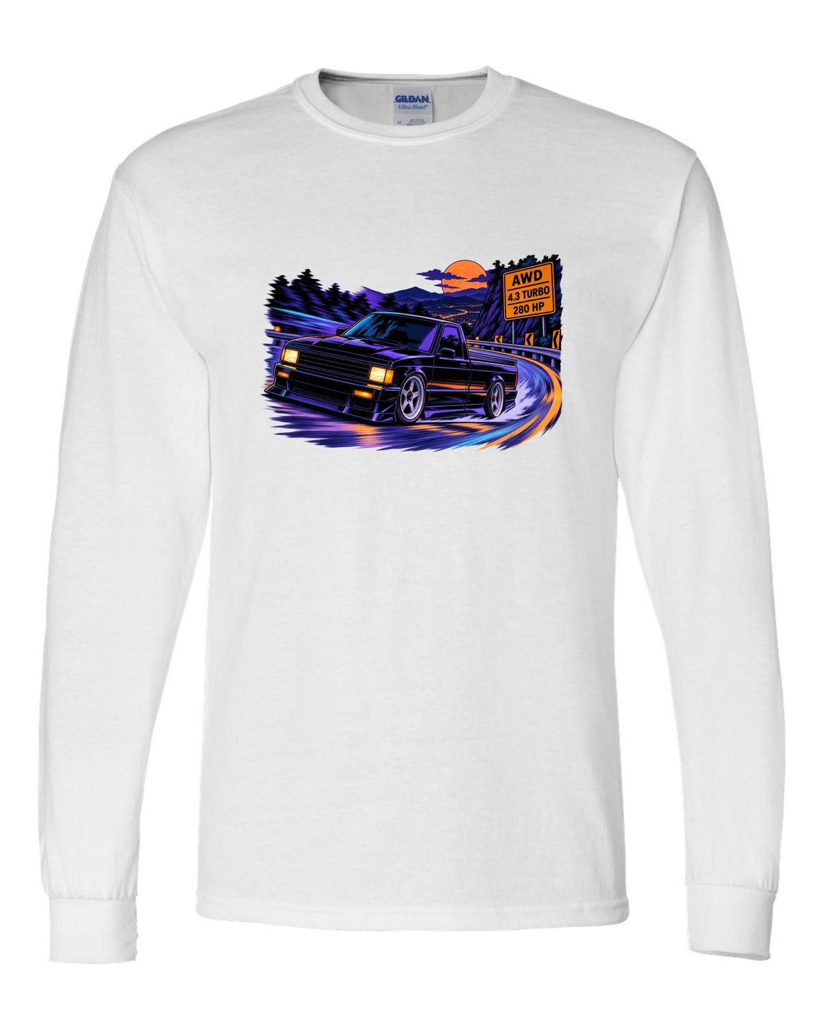 Cel-shaded anime night mountain road print of a 1991 GMC Syclone with AWD 4.3 turbo 280 HP lettering white long sleeve front view with the design