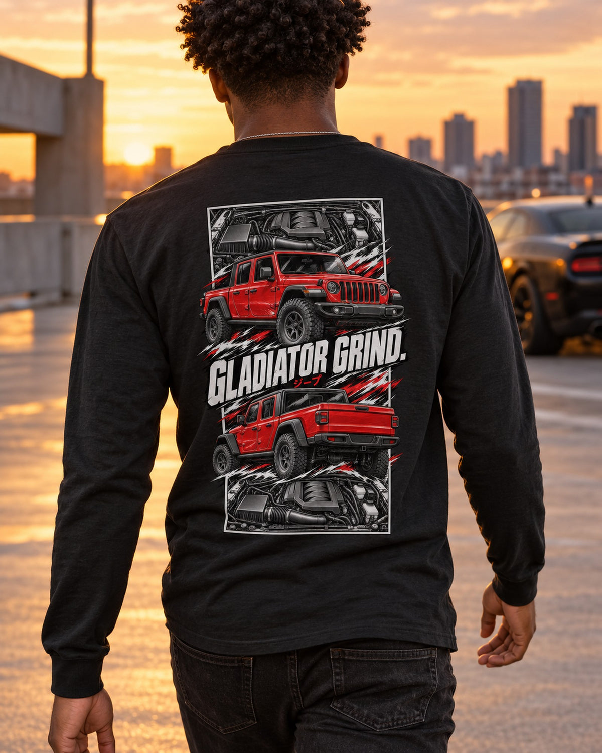 Jeep Gladiator Torn Poster Full-Back Graphic Tee Long Sleeve Black worn hero