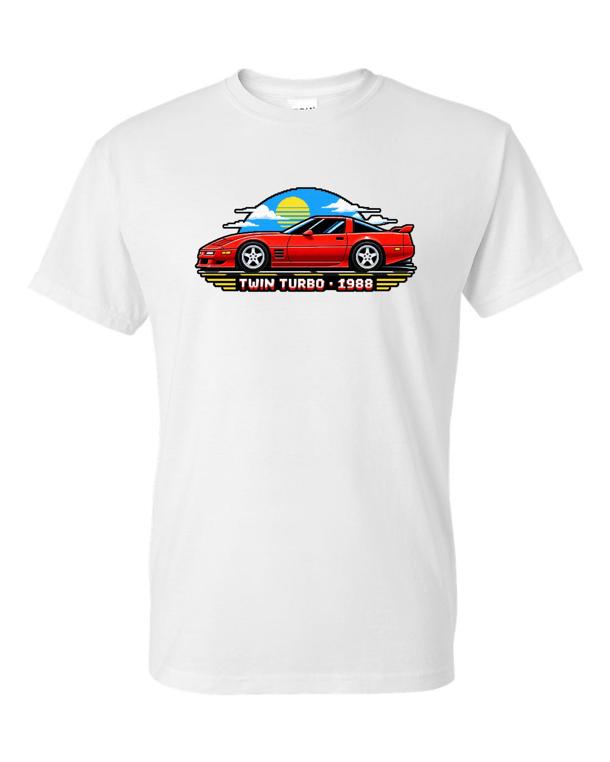 16-bit pixel art of a 1988 C4-based twin-turbo Corvette with pop-up headlights white t-shirt front view with the design