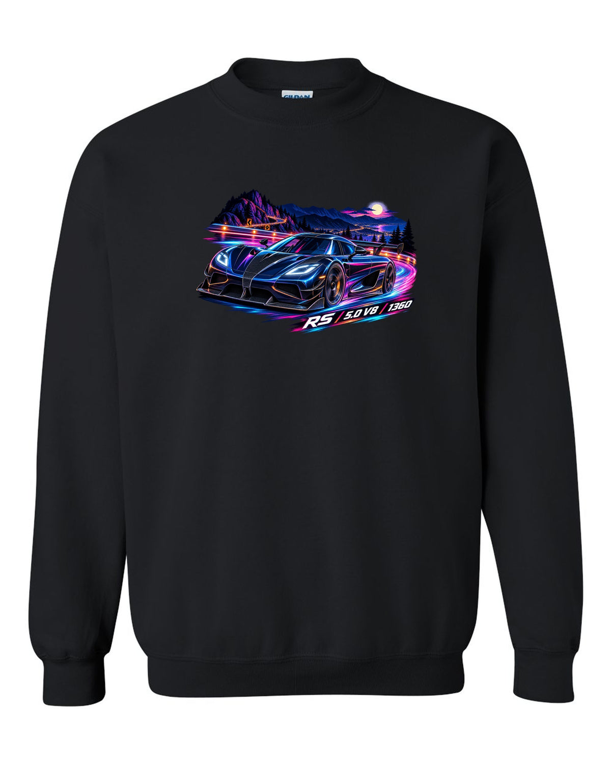 Cel-shaded anime night mountain pass illustration of a Koenigsegg Agera RS with RS 5.0 V8 1360 lettering black crewneck front view with the design