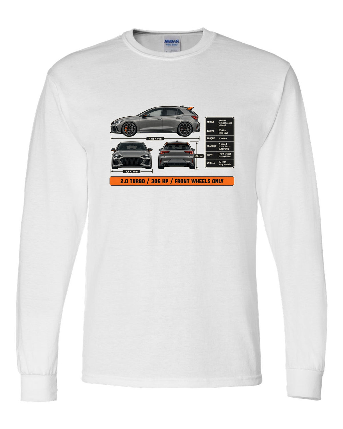 print three-view drawing of a Sonic Grey Honda Civic Type R FK8 white long sleeve front view with the design