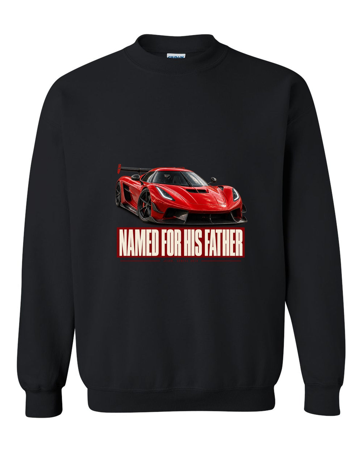 Editorial headline poster of a Koenigsegg Jesko Attack front three-quarter, print black crewneck front view with the design