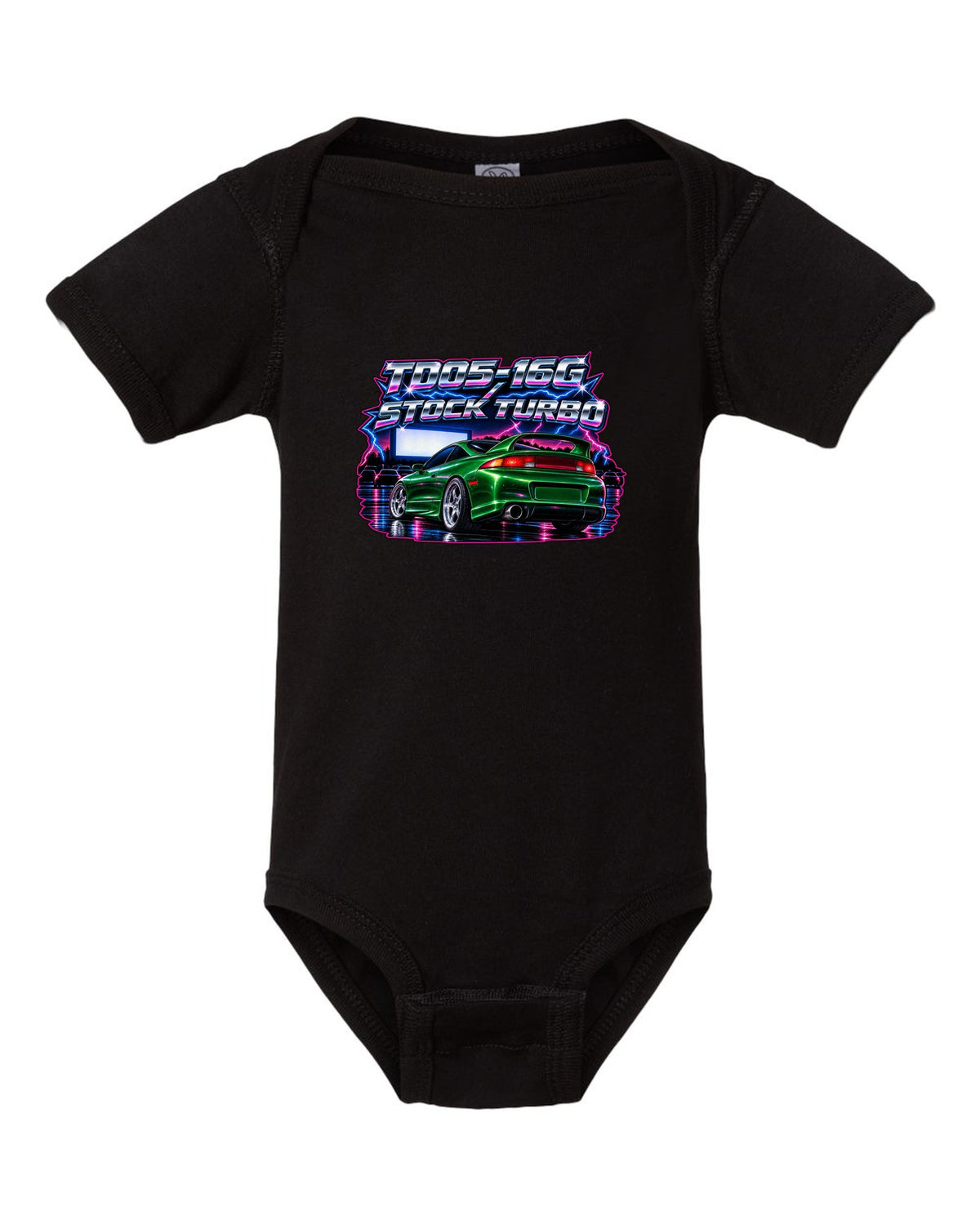 80s airbrush chrome print of a Mitsubishi Eclipse GSX 2G with TD05-16G stock turbo text black baby onesie front view with the design