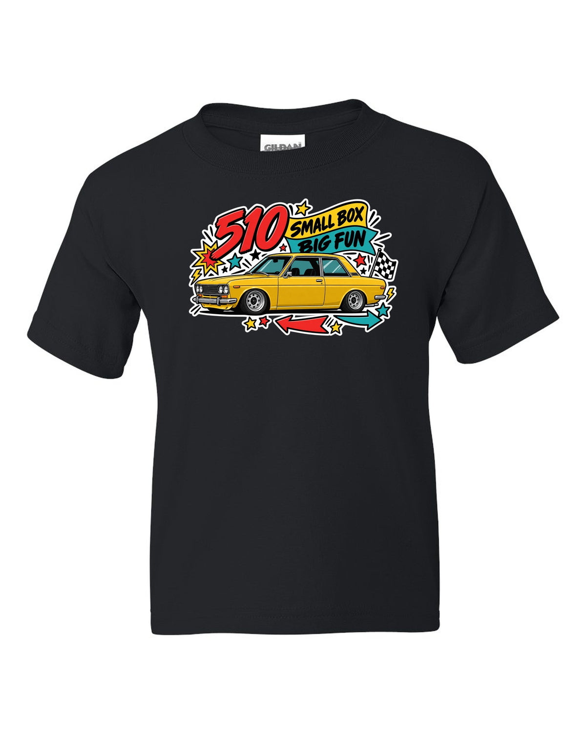 Sticker-bomb print for the Datsun 510 reading 510 Small Box Big Fun black kids tee front view with the design