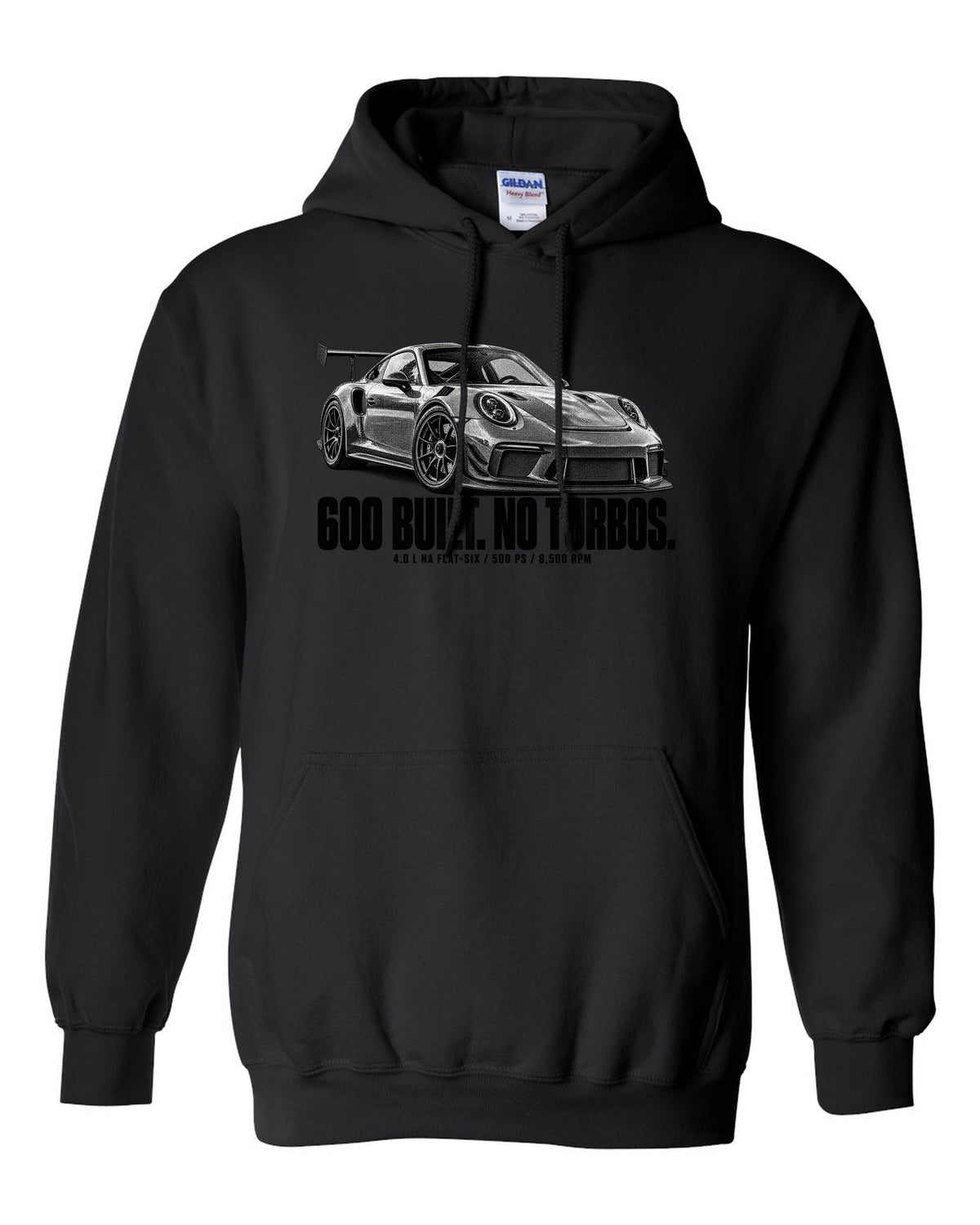 Halftone print of a Porsche 911 997 GT3 RS 4.0 with 600 built and 8,500 rpm lettering black pull over hoodie front view with the design
